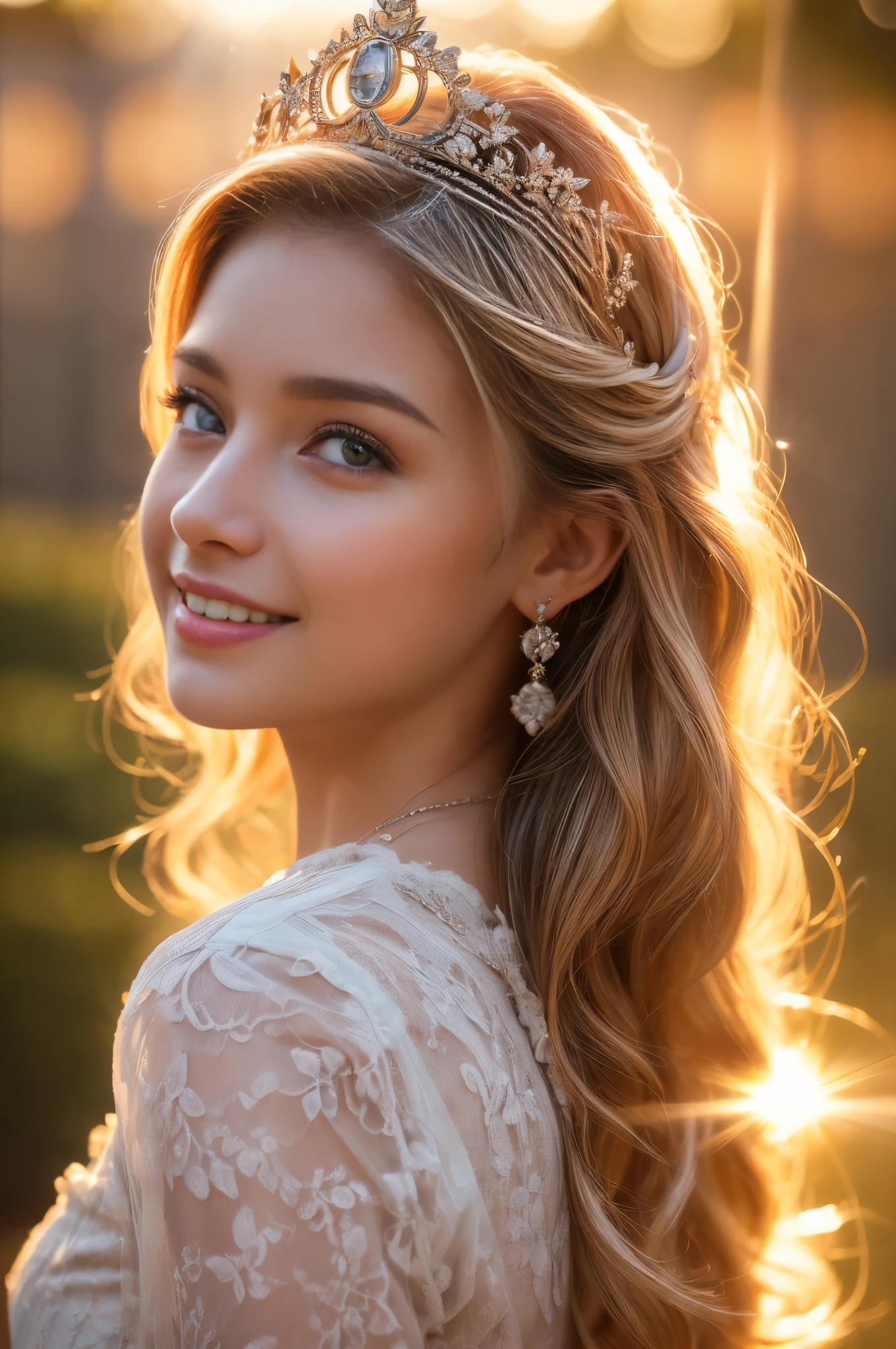 ((RAW shooting:1.5, realistic:1.5, 8K, highest quality, masterpiece, ultra high resolution)), Inside the luxurious British Royal Palace, professional camera work:1.3, Highly detailed skin and facial textures:1.3, glow light effect, Super detailed:1.3, cute 15 year old british princess, Fair skin, Glossy skin, (elegant:1.4, small face), Ultimate Cute Face:1.5, (cute eyes:0.9, looking far away), smile:1.0, (mouth is slightly open:0.4, Clean and refreshing taste:0.7), double eyelid, ((super long white blonde curly hair)), tiara, necklace and earrings, ((elegantで光沢のあるサテンのプリンセスドレスをオフショルダーで正しく着こなす方法)), big breasts, cowboy shot, ((sunrise, sunlight shining from behind:1.6, Strong sunlight spreads across the screen:1.6)), ((Strong sunlight shines on a woman:1.7))