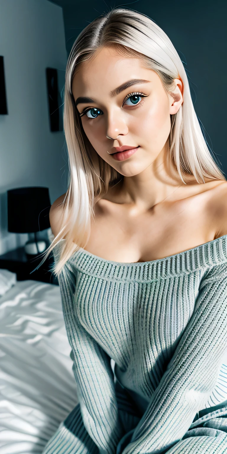 , sexy girl with luminous eyes, ultra realistic, meticulously detailed, white hair and large eyes, selfie of a young woman, bedroom eyes, without makeup, natural makeup, looking directly at the camera, face with artgram, subtle makeup, stunning full body shot kneeling on bed, in bedroom, medium size breast,wearing loss-shoulder sweater 