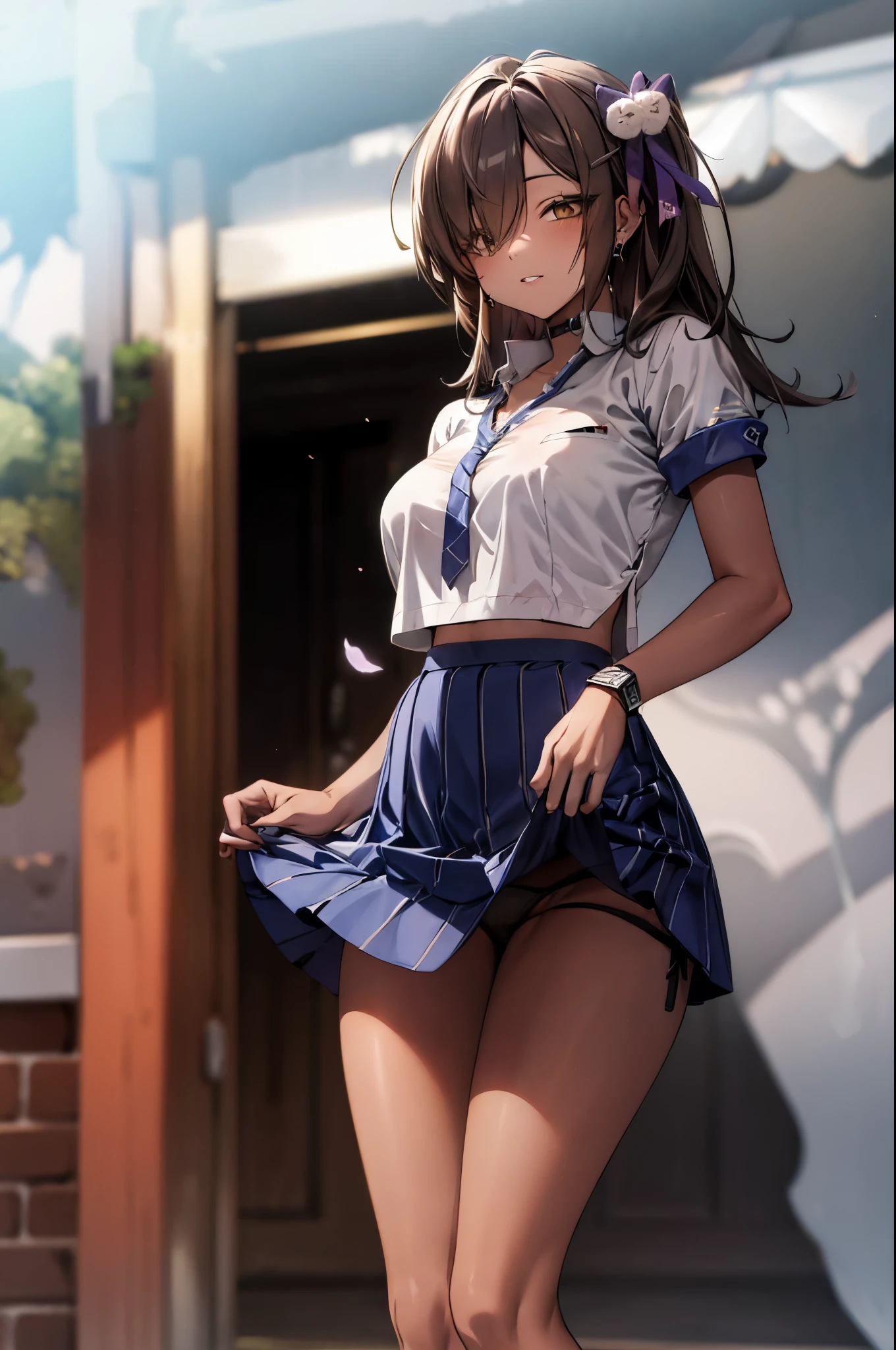 NikkeNag, standing, white shirt, skirt, highleg panties, best quality, masterpiece, highres, outdoors,