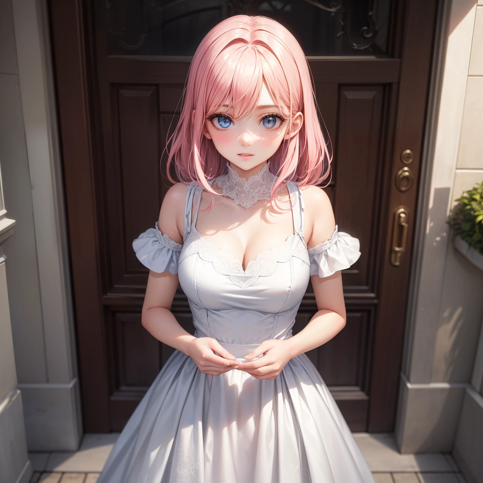 masterpiece, best quality, super detailed, illustration, Beautiful and delicate eyes, close up, 1 girl, pink hair, white dress, Villa doorstep, standing posture, facing down