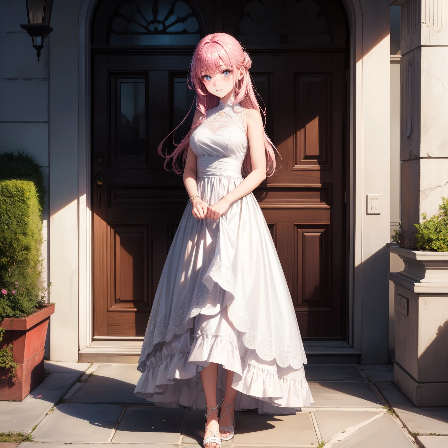 masterpiece, best quality, super detailed, illustration, Beautiful and delicate eyes, close up, 1 girl, pink hair, white dress, Villa doorstep, standing posture, facing down