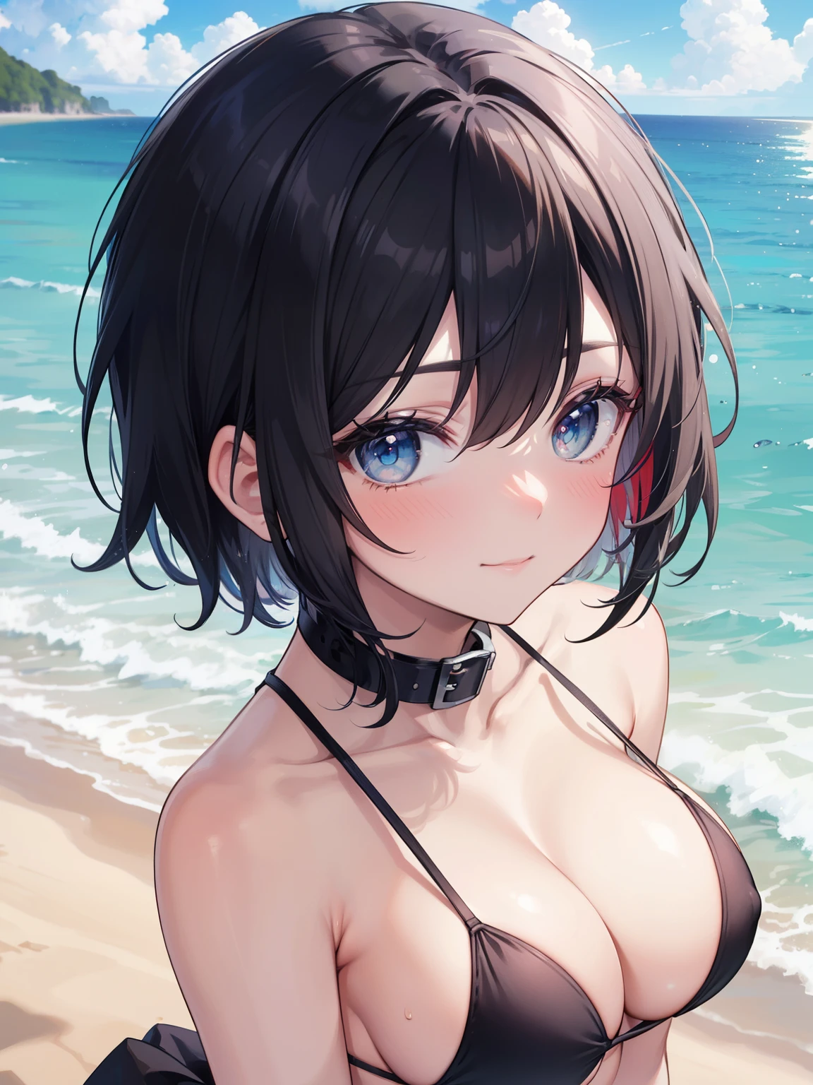 (muste piece, best quality, High resolution, ticker, perfect pixel, Depth of bounds written, In 4K), 
1 girl, solo, (Lori), beautiful anime girl, 
Looking at Viewer, 
perfect body,  

full face blush, 

POV handjob, pussy focus, upper body, 

short hair, black hair, eyes are blue, large boobs, 

smile,

metal collar, micro black bikini, 
from above, 
beach, summer, 