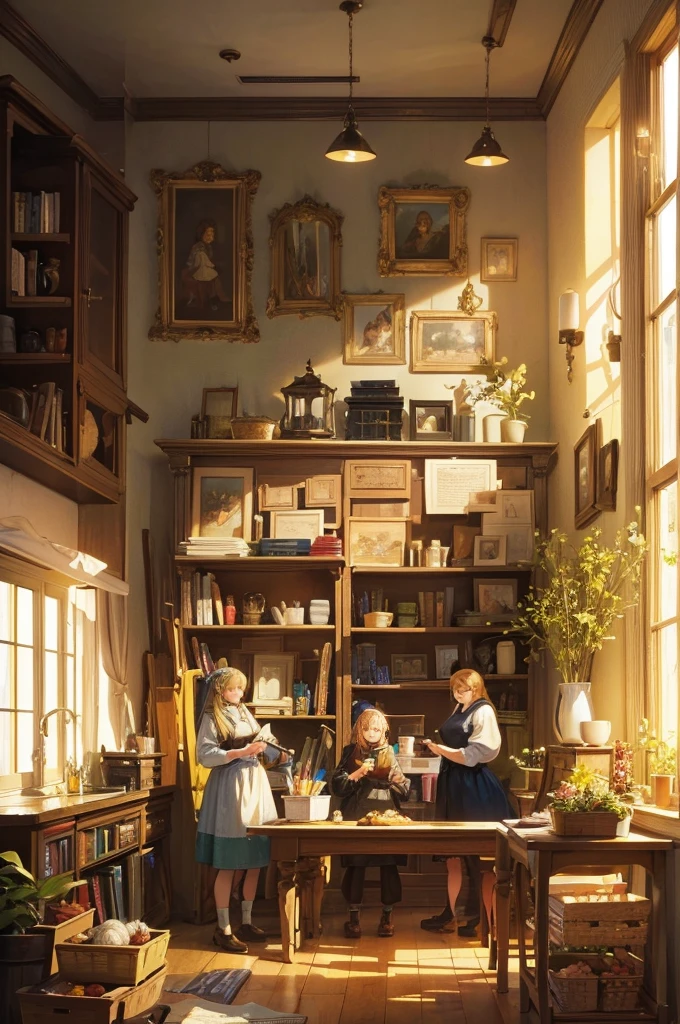 A group of middle-aged wool maker standing in a filled with yarns bobbins. They have discovered new yarn colors. They study is filled with shelves of yarn boobins and wevings, painting depicting a bountiful harvest hangs on the wall. Soft sunlight streams into the room through the window. High-resolution image, surrounded with colorful yarns, a beautiful oil painting of a bountiful harvest on the wall, with soft sunlight streaming in through the window. Perfectly composed shot capturing the essence of intellectual pursuit and yarn knowledge.
