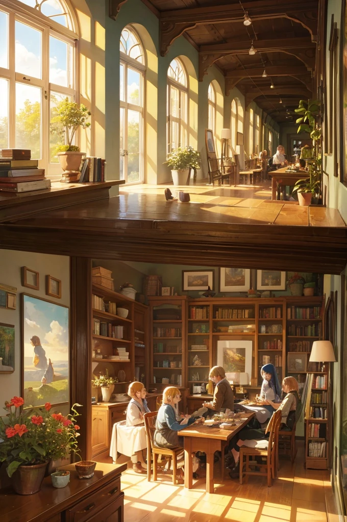 A group of middle-aged wool maker standing in a filled with yarns bobbins. They have discovered new yarn colors. They study is filled with shelves of yarn boobins and wevings, painting depicting a bountiful harvest hangs on the wall. Soft sunlight streams into the room through the window. High-resolution image, surrounded with colorful yarns, a beautiful oil painting of a bountiful harvest on the wall, with soft sunlight streaming in through the window. Perfectly composed shot capturing the essence of intellectual pursuit and yarn knowledge.