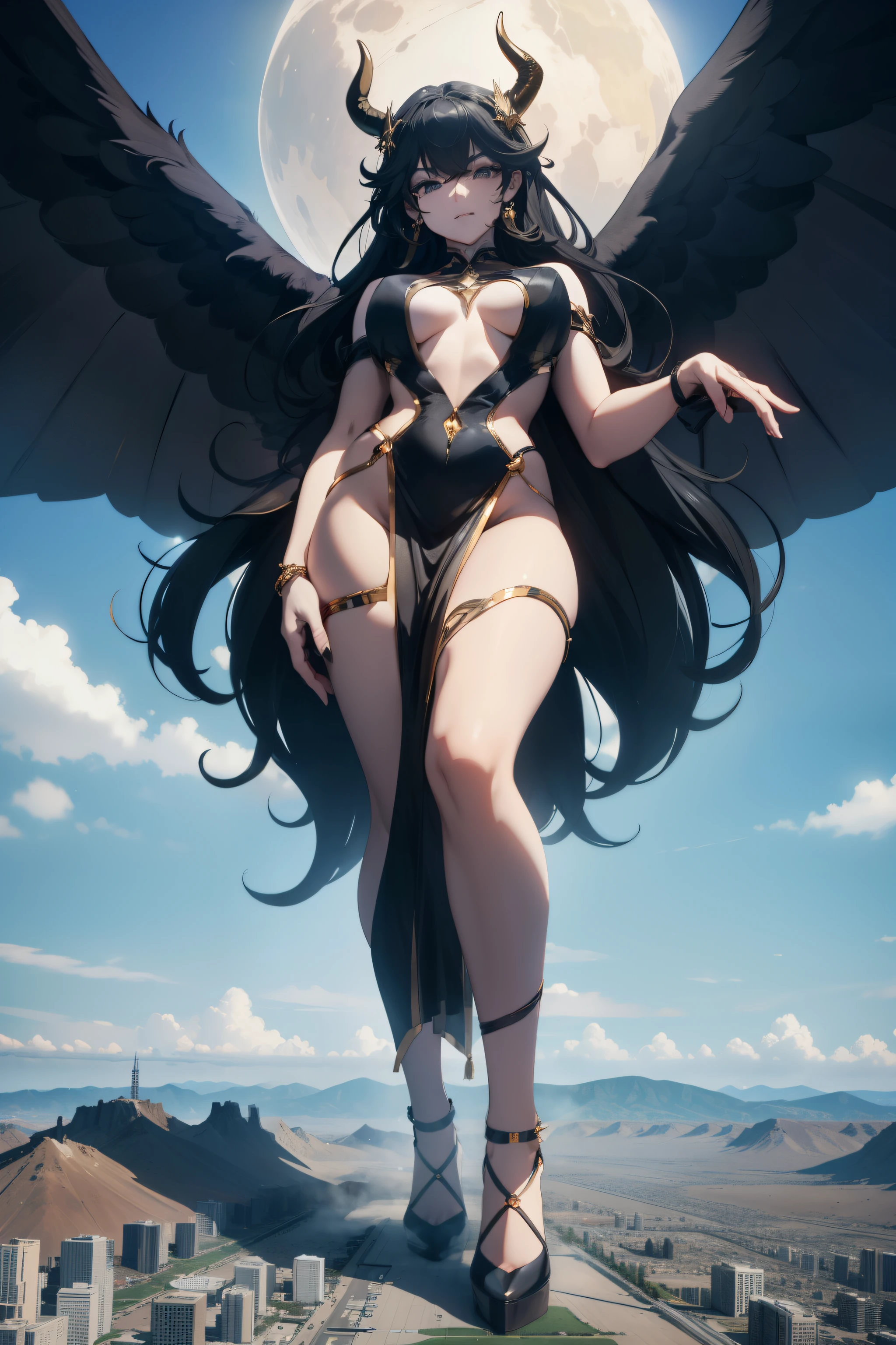 giant girl 50,000 feet high,Have a pair of long legs,Has a pair of huge gold-trimmed devil wings,Has waist-length black hair,loose hair,Wear a pair of Mary Jane shoes,black curly hair,A look of enjoyment,Standing in a crowded town, wantonly destroy them,As if it is an invincible existence,Beautiful appearance,Exquisite makeup,quality,8k,high quality,(governor:1.5),Aerial View,Perfect proportion, Cinema lighting, film grain, Fuji colors, 8k, textured skin, Super details, high detail, high quality, high resolution,