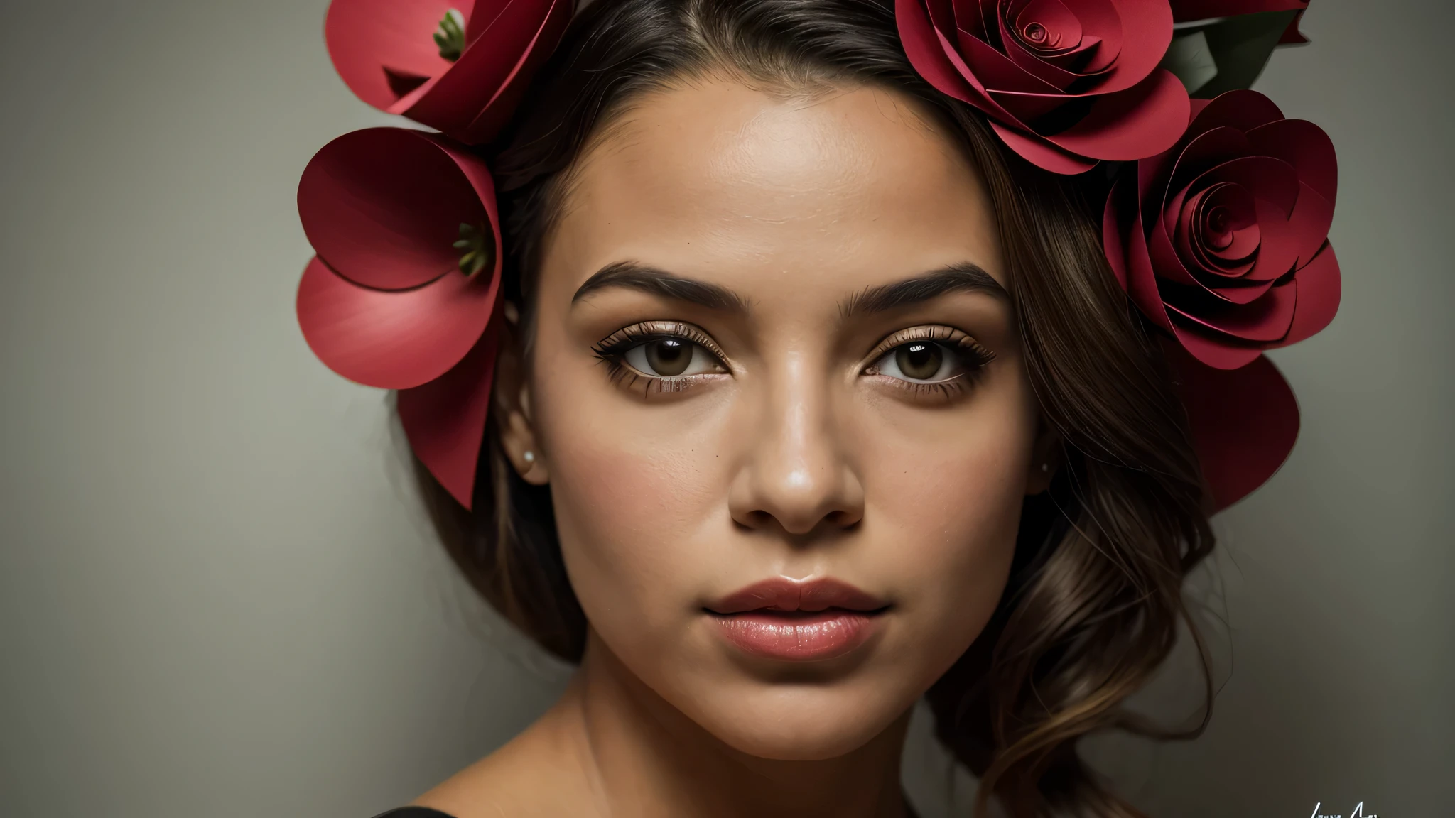 there is a GIRL KIDS BLONDE with paper flowers on her head, beautiful retrato surreal, girl with a flower head, A menina feita de flores, Flor Borsi, retrato surreal, Perky woman made of petals, flower head, retrato de tempestade de flores, feito de flores, mulher jovem e bonita surreal, pele branca de porcelana, linda arte digital, retrato do surrealismo, Pele de porcelana branca