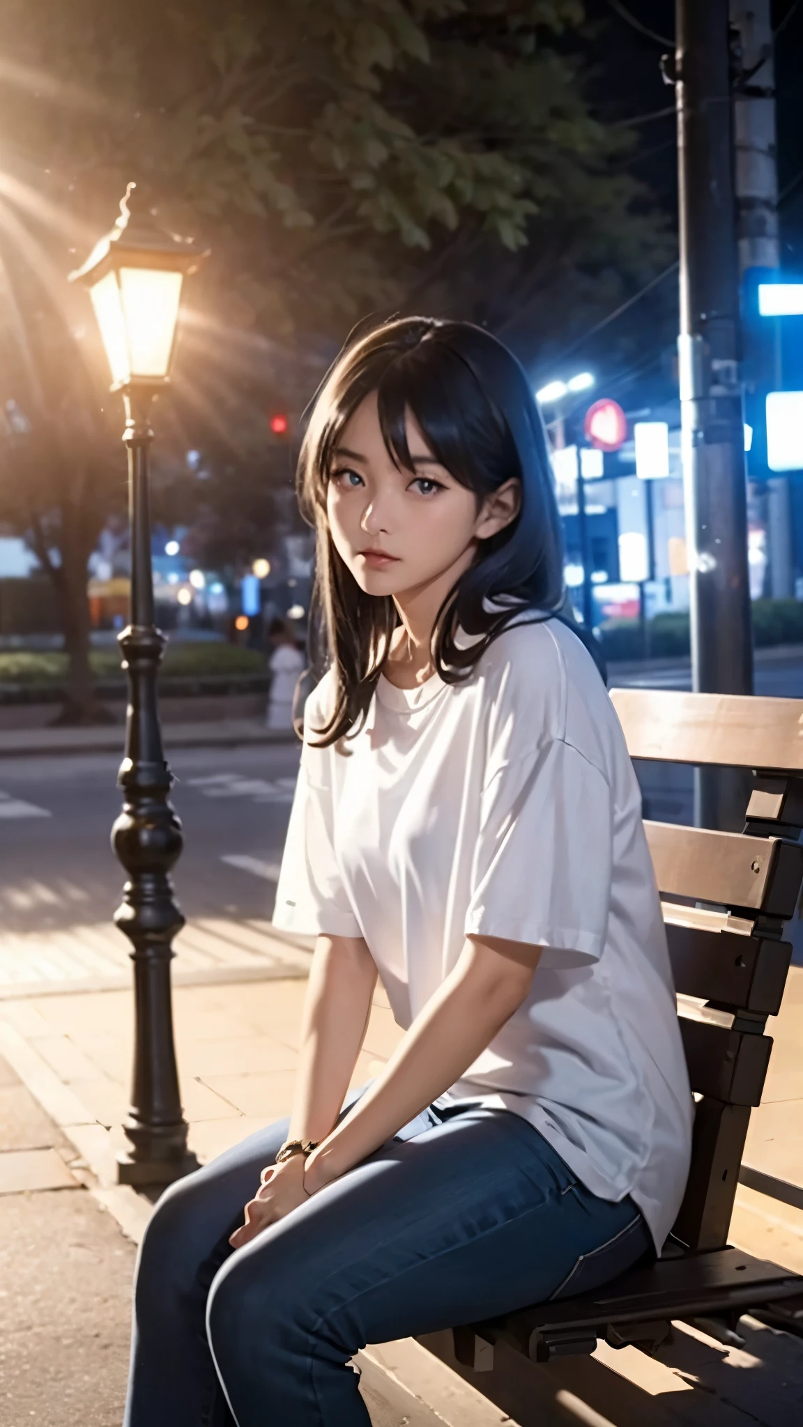 Woman sitting on a park chair, beautiful woman with shiny black hair, black hair loose, expressionless face, detailed sea blue eyes, wearing a white t-shirt with red pants, detailed depiction, detailed lighting, shiny realistic hair, high resolution, street lamp with warm light, Detailed image, night scene, Asian face, no expression, shiny hair