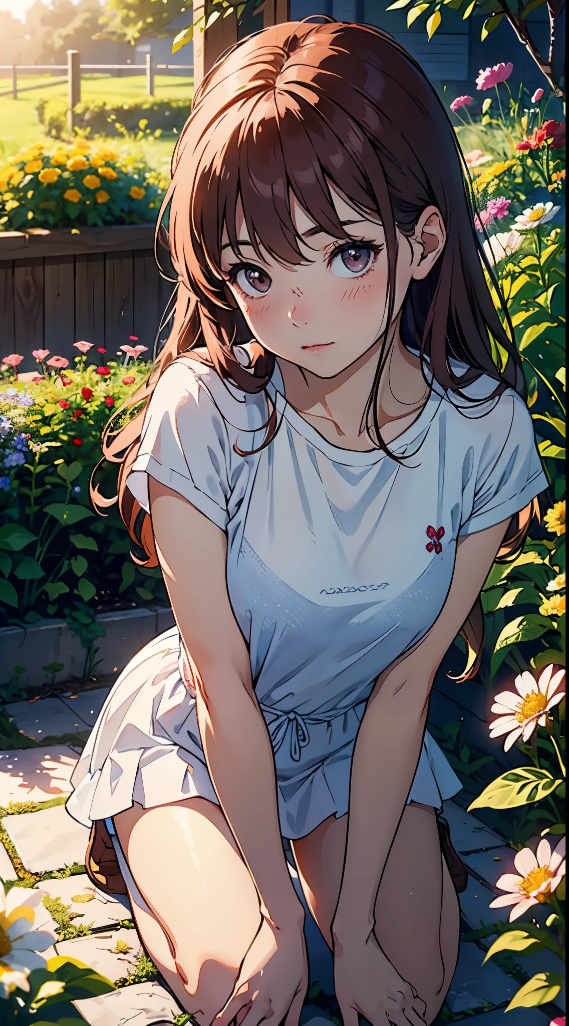 (highest quality, High resolution, realistic),Cute redhead girl blushing,kneel in a blooming garden,adorable, Lovely, attractive,love, peaceful atmosphere,wood々Soft sunlight shining in from between,breeze,Tender flowers,How to create captivating scenes.[figure]