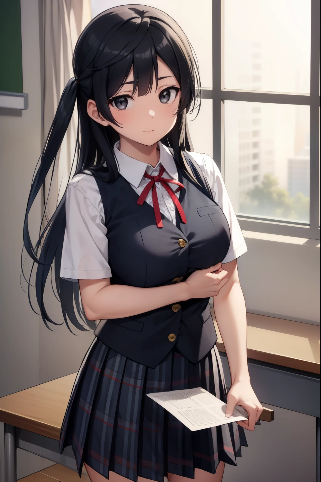 setsunayuuki, setsuna yuuki, (black eyes:1.5), black hair, long hair, one side up, (medium breast:1.2), 
BREAK armband, blue vest, buttons, collared shirt, dress shirt, grey skirt, neck ribbon, nijigasaki academy school uniform, plaid, plaid skirt, pleated skirt, red ribbon, ribbon, school uniform, shirt, short sleeves, skirt, summer uniform, vest, white shirt,
BREAK looking at viewer, 
BREAK indoors, classroom, 
BREAK (masterpiece:1.2), best quality, high resolution, unity 8k wallpaper, (illustration:0.8), (beautiful detailed eyes:1.6), extremely detailed face, perfect lighting, extremely detailed CG, (perfect hands, perfect anatomy),