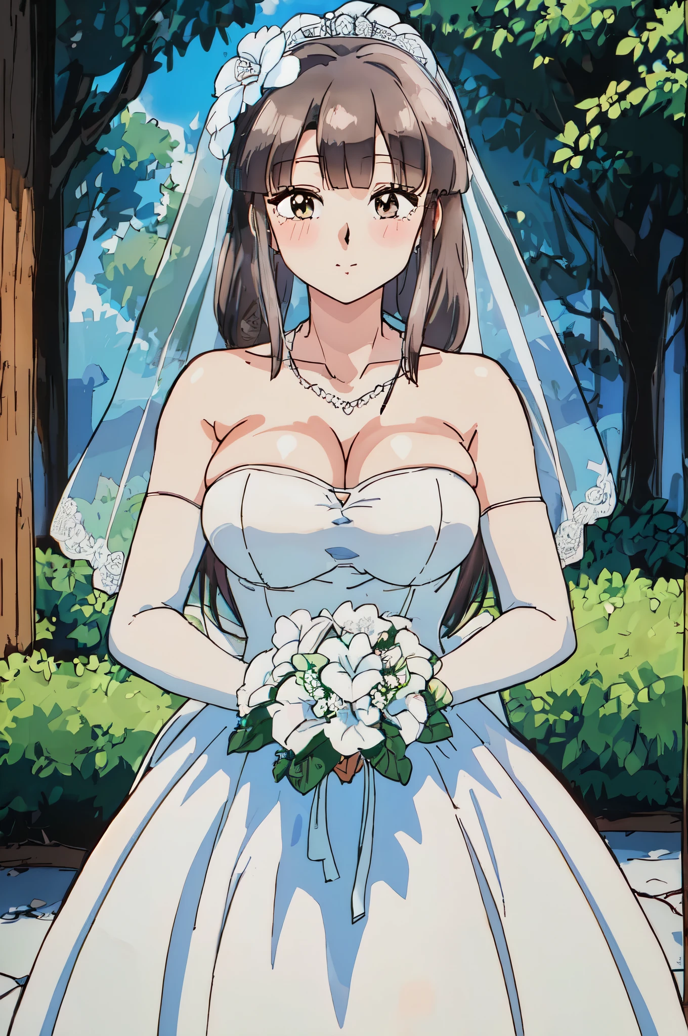 Natsume_tendo,black hair,masterpiece, best quality, Detailed face, delicate eyes, Close-up of beautiful bride wearing beautiful wedding dress,Gurwitz,(bridal veil:1.5),(Transparent short veil:1.5),Blushing face,Head flower,headgear,(tube top wedding dress:1.5),(Silk dress:1.2),(Strapless wedding dress:1.5),pure white dress,necklace,earrings,(large breasts:1.3),Deep V peach heart collar wedding dress,Bangs,lipstick,(lace gloves:1.3),whole body照,High detail RAW color art,Long white dress,whole body,Place your hands behind your back,