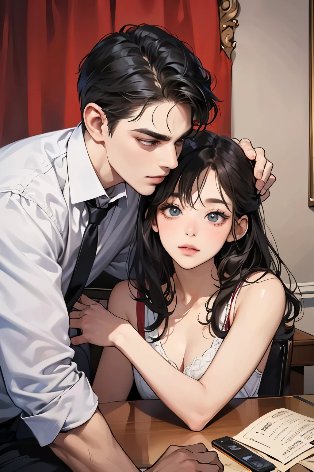 (table top, digital art, digital illustration, 4K, 8K, super detailed, beautiful images, clear image, realistic, RAW photo, perfect face, perfect lines, perfect eyes, soft lighting) 1 female, (long black hair,straight hair,Bullish gaze,beautiful woman,woman wearing a suit,solid makeup,23 year old female,small breasts:1.3),secretary, Two handsome men in suits, (human,Men in suits,muscular,Firm shoulder width,adult male,boyish hairstyle,british gentleman&#39;s style,A man in his 30s with a cool expression,28-year-old man with bright smile:1.2),Office scene at night,Antique furnishings,Antique Clamps,Antique chair,chandelier,party、couple、couplekiss、kiss、kissをしている、romance、