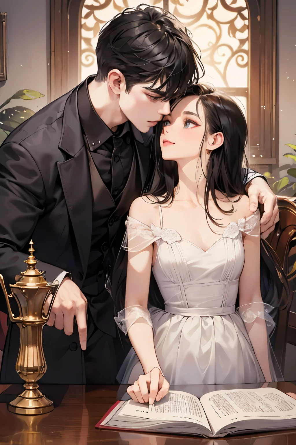 (table top, digital art, digital illustration, 4K, 8K, super detailed, beautiful images, clear image, realistic, RAW photo, perfect face, perfect lines, perfect eyes, soft lighting) 1 female, (long black hair,straight hair,Bullish gaze,beautiful woman,woman wearing a suit,solid makeup,23 year old female,small breasts:1.3),secretary, Two handsome men in suits, (human,Men in suits,muscular,Firm shoulder width,adult male,boyish hairstyle,british gentleman's style,A man in his 30s with a cool expression,28-year-old man with bright smile:1.2),Office scene at night,Antique furnishings,Antique Clamps,Antique chair,chandelier,party、couple、couplekiss、kiss、kissをしている、romance、