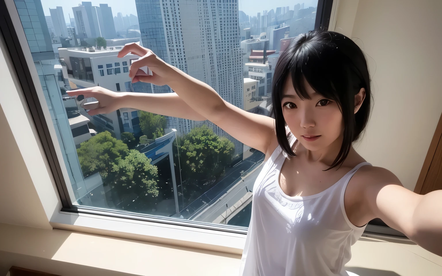 An arafe woman wearing a white tank top looking out the window, 8K selfie photo, Wenfei Ye, Chen Xintong, Take a selfie shot directly in front of you, near the window, next to a big window, looked at big window, hot with the shining sun, near the window, big window, Very clear vision, Lovely lady