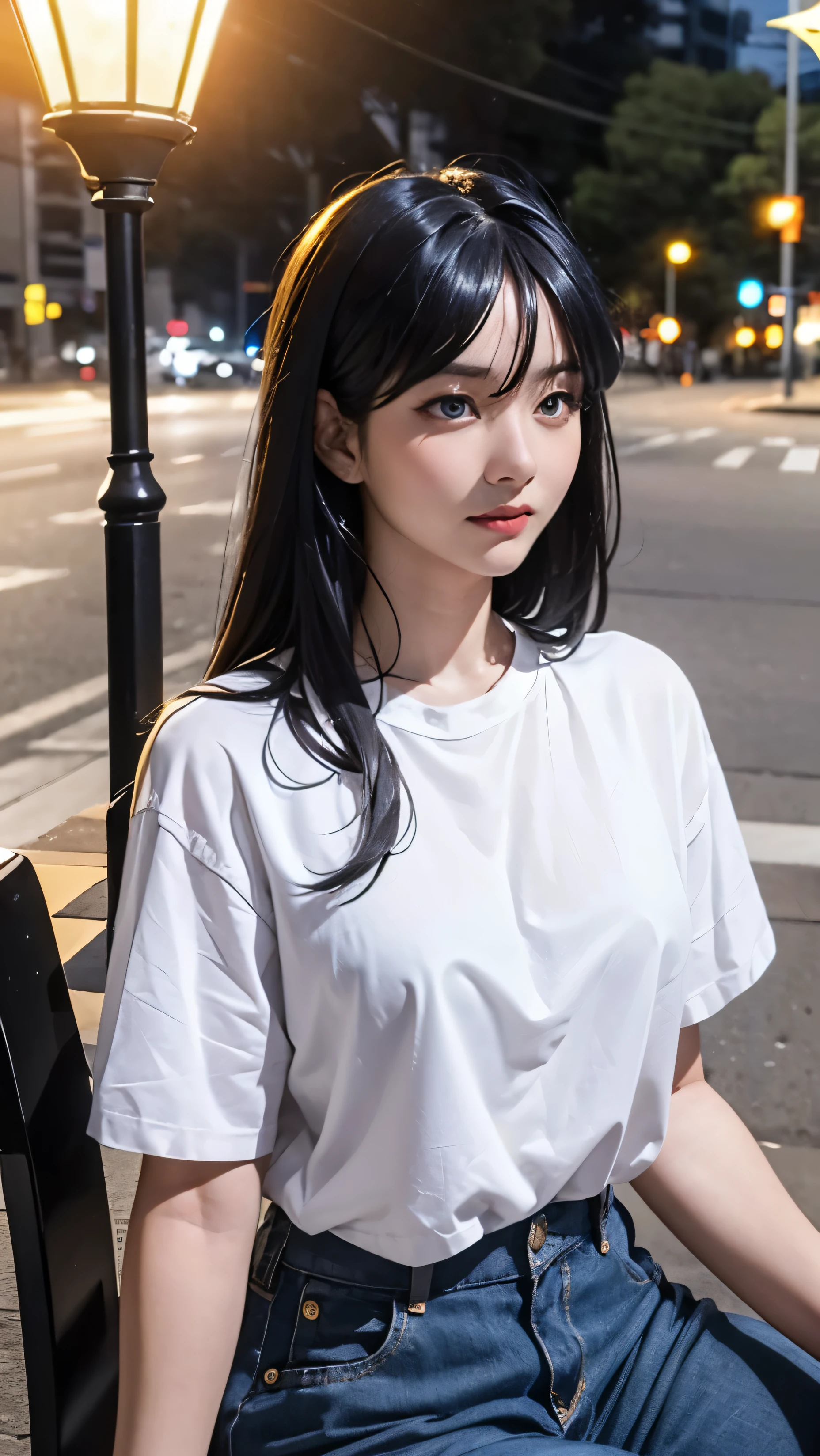 Woman sitting on a park chair, beautiful woman with shiny black hair, black hair loose, expressionless face, detailed sea blue eyes, wearing a white t-shirt with red pants, detailed depiction, detailed lighting, shiny realistic hair, high resolution, street lamp with warm light, night atmosphere, shiny black hair, expressionless, asean face, detailed light