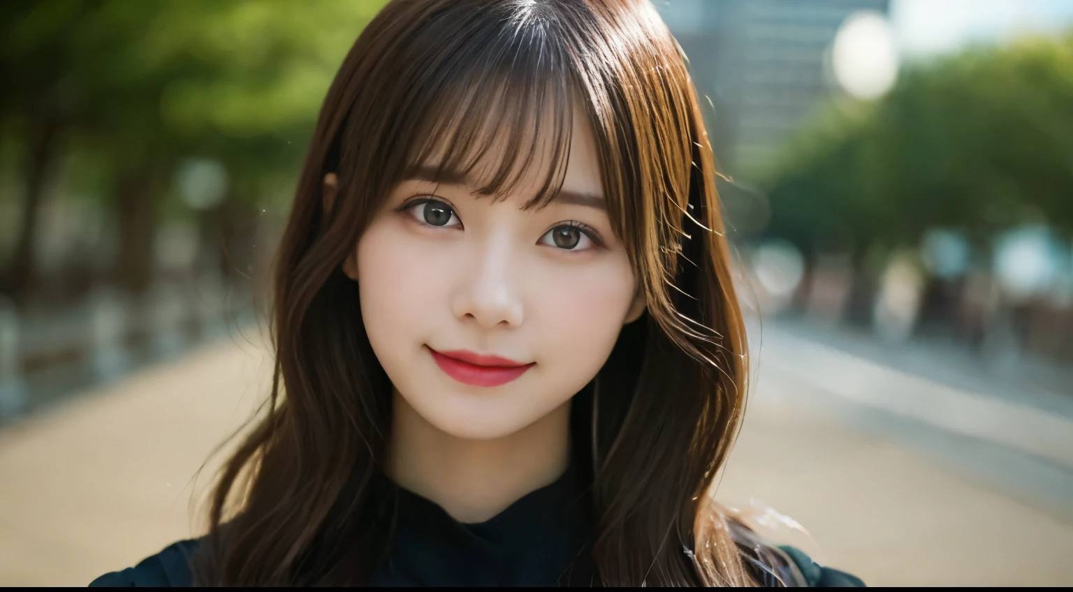 muste piece, best quality, illustration, Super detailed, fine details, High resolution, 8K Dende Wallpaper, perfect dynamic composition, beautiful detailed eyes, she is wearing a black dress,medium hair,natural color lip, shy smile,Harajuku style、20 year old girl、There is only one person, bust up photo、cute type、looking at camera、C Cup、brown hair、Blurred private beach background、Copy Space
