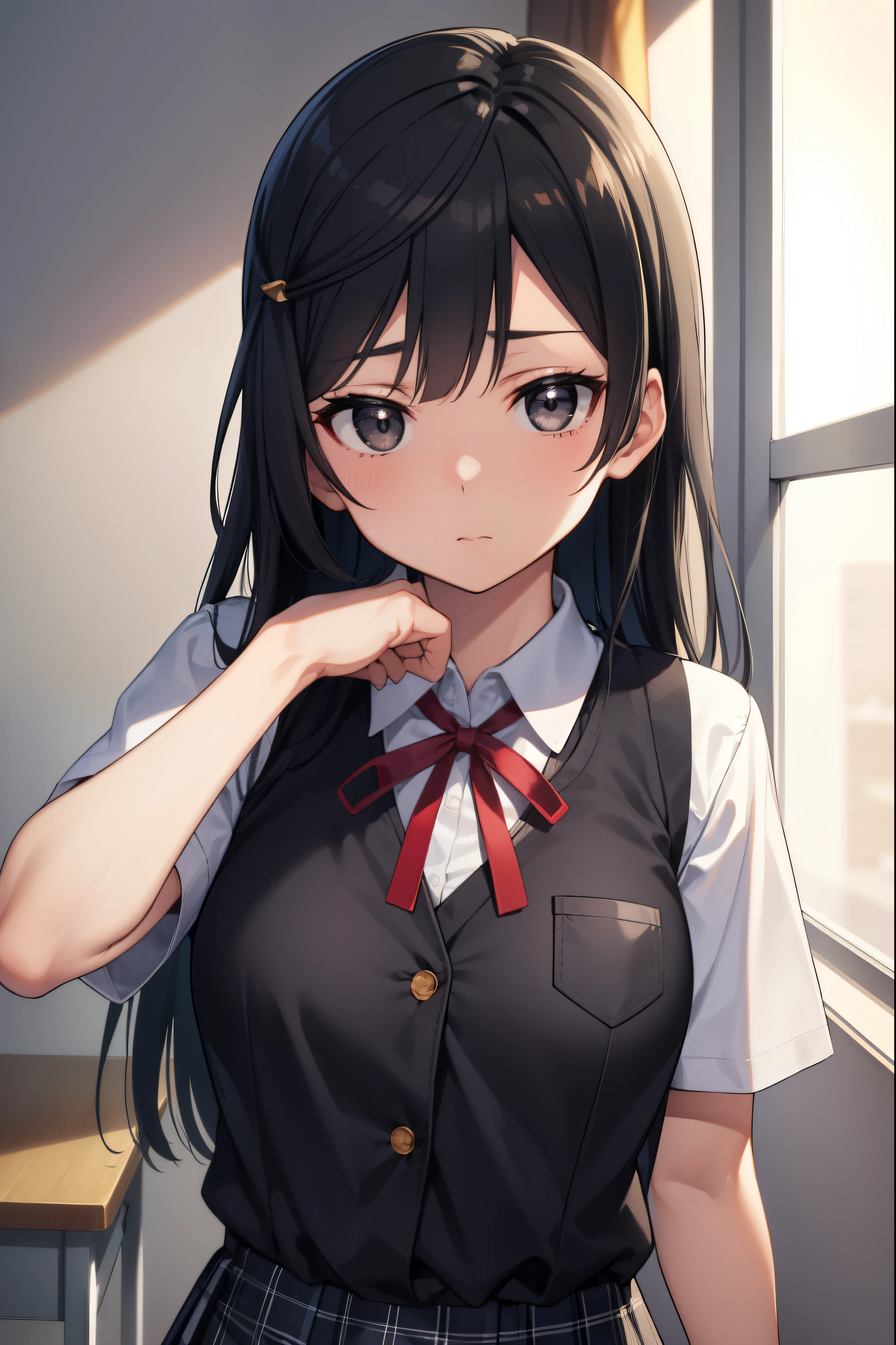 setsunayuuki, setsuna yuuki, (black eyes:1.5), black hair, long hair, one side up, (medium breast:1.2), 
BREAK armband, blue vest, buttons, collared shirt, dress shirt, grey skirt, neck ribbon, nijigasaki academy school uniform, plaid, plaid skirt, pleated skirt, red ribbon, ribbon, school uniform, shirt, short sleeves, skirt, summer uniform, vest, white shirt,
BREAK looking at viewer, 
BREAK indoors, classroom, 
BREAK (masterpiece:1.2), best quality, high resolution, unity 8k wallpaper, (illustration:0.8), (beautiful detailed eyes:1.6), extremely detailed face, perfect lighting, extremely detailed CG, (perfect hands, perfect anatomy),