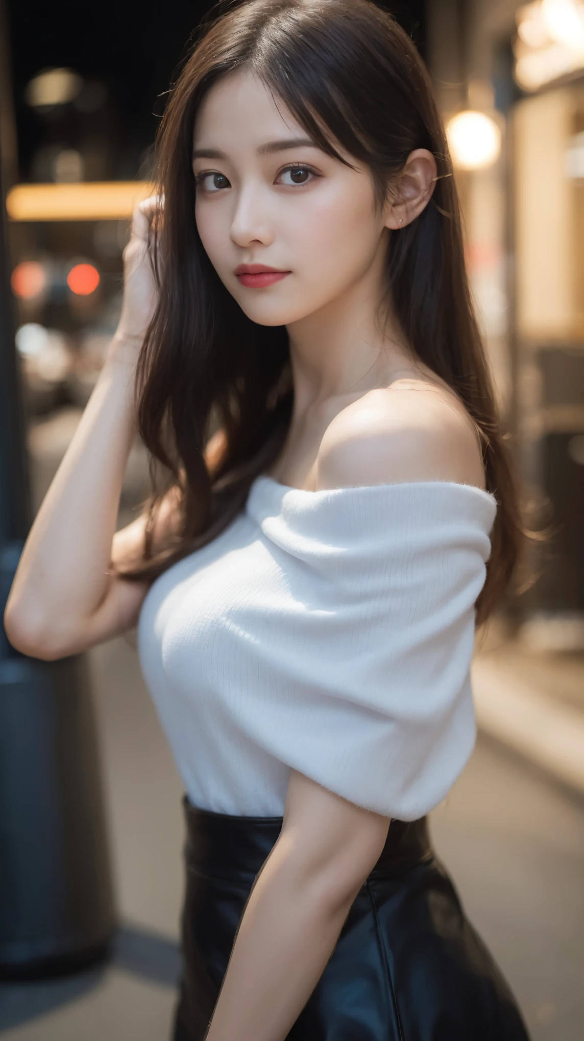 random pose, mix 4, (8K, Raw photo, highest quality, masterpiece: 1.45), (realistic, Photoreal: 1.37), one girl, cute, laughter、cityscape, night, professional lighting, Cafe,street,photon mapping, radio city, Physically based rendering, gradient black hair, gray hair, Semi-long loose hair, Handsome, with a girl, big and full breasts,off shoulder, tight clothes,one piece,Tight Skirt,highest qualityの写真, High resolution, 1080P, (clear face), (Detailed facial description), (detailed description of hands), (masterpiece), lively, extreme light and shadow, messy hair, masterpiece, rich details, (detailed facial features), (highest qualityの写真), (masterpiece), (finely tuned), dual、look in front of you, thin clavicle,Emphasize the armpits、Show lower milk