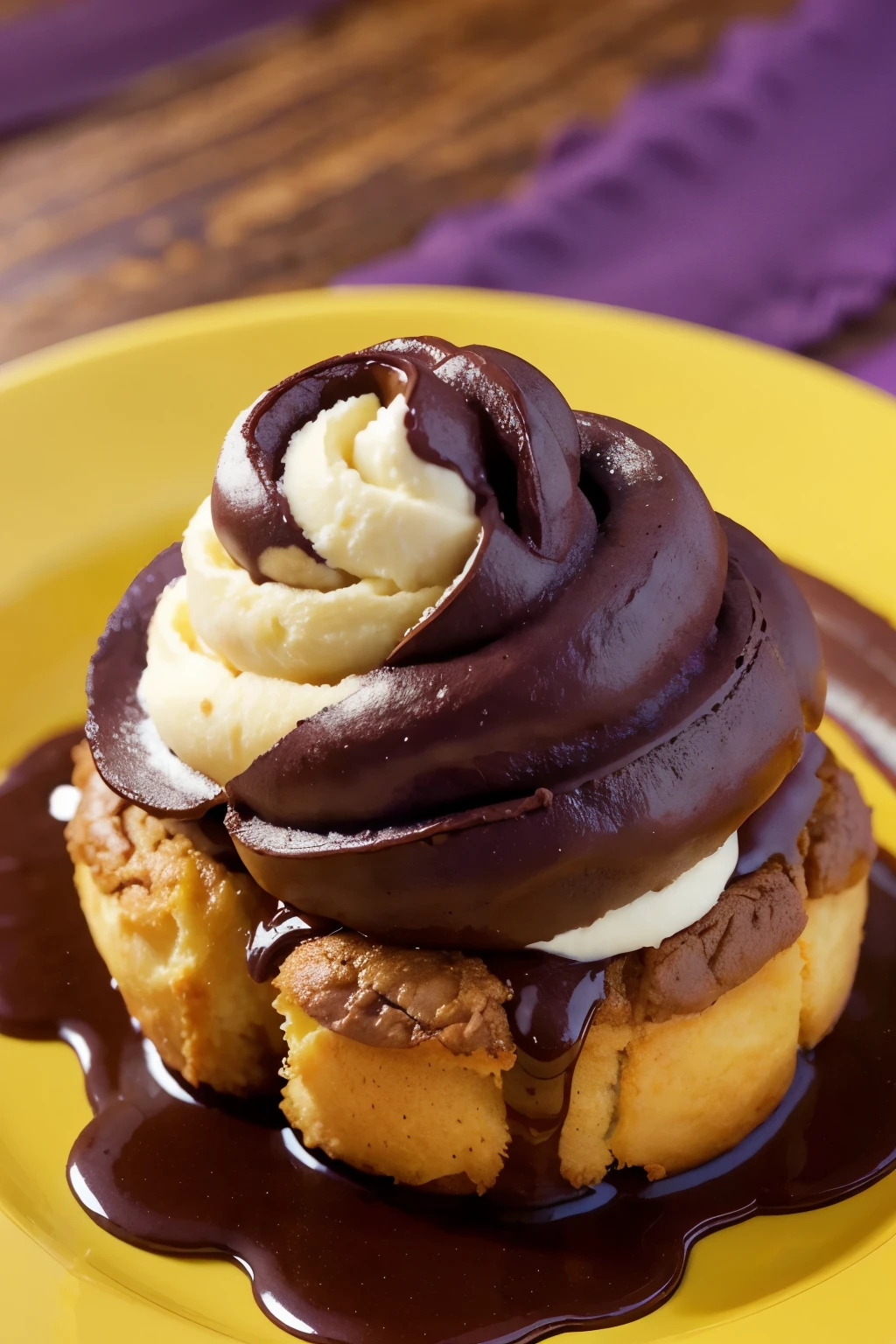 I want a logo for my brand of homemade carolinas, it's a French sweet called profiterole , quero nas cores roxo e amarelo, estilo capa de filme pixar, algo que tenha um desenho de uma carolina com cobertura de chocolate