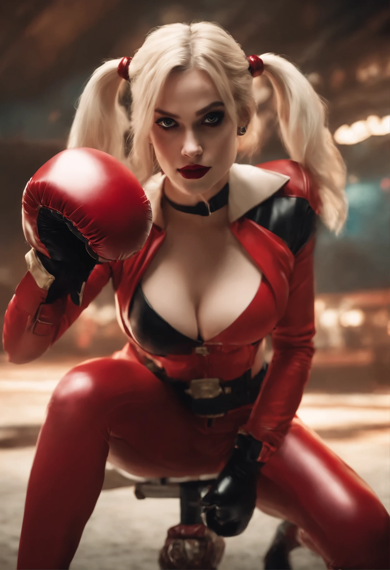 image of a woman in a red suit, holding a boxing glove, ayaka genshin impact, mika kurai demon, Official registration, She's ready to fight, portrait heroines anime, biomechanical tits, , Harley Quinn, портрет Harley Quinn, Colorful camera work, Scary 4K color graphics, artist Julie Bell Beeple, Artist Alessandro Pautasso., Harley Quinn, author Galen Dara, Martin Ten, artistic portrait of Martin Ten, Harley Quinn