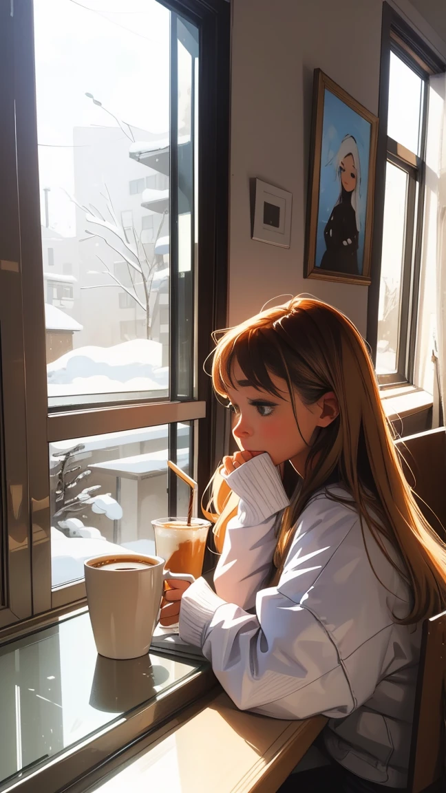 Snowy day.There is a woman drinking a cup of coffee, portrait of Lopi on the window, beautiful digital art, portrait of morning coffee, realistic illustration of a cute girl, near the window, beautiful digital illustration, morning coffee, girl on the windowsill , morning humor, morning time, beautiful work of art, paper awesome wallpaper, near the window, beautiful character painting