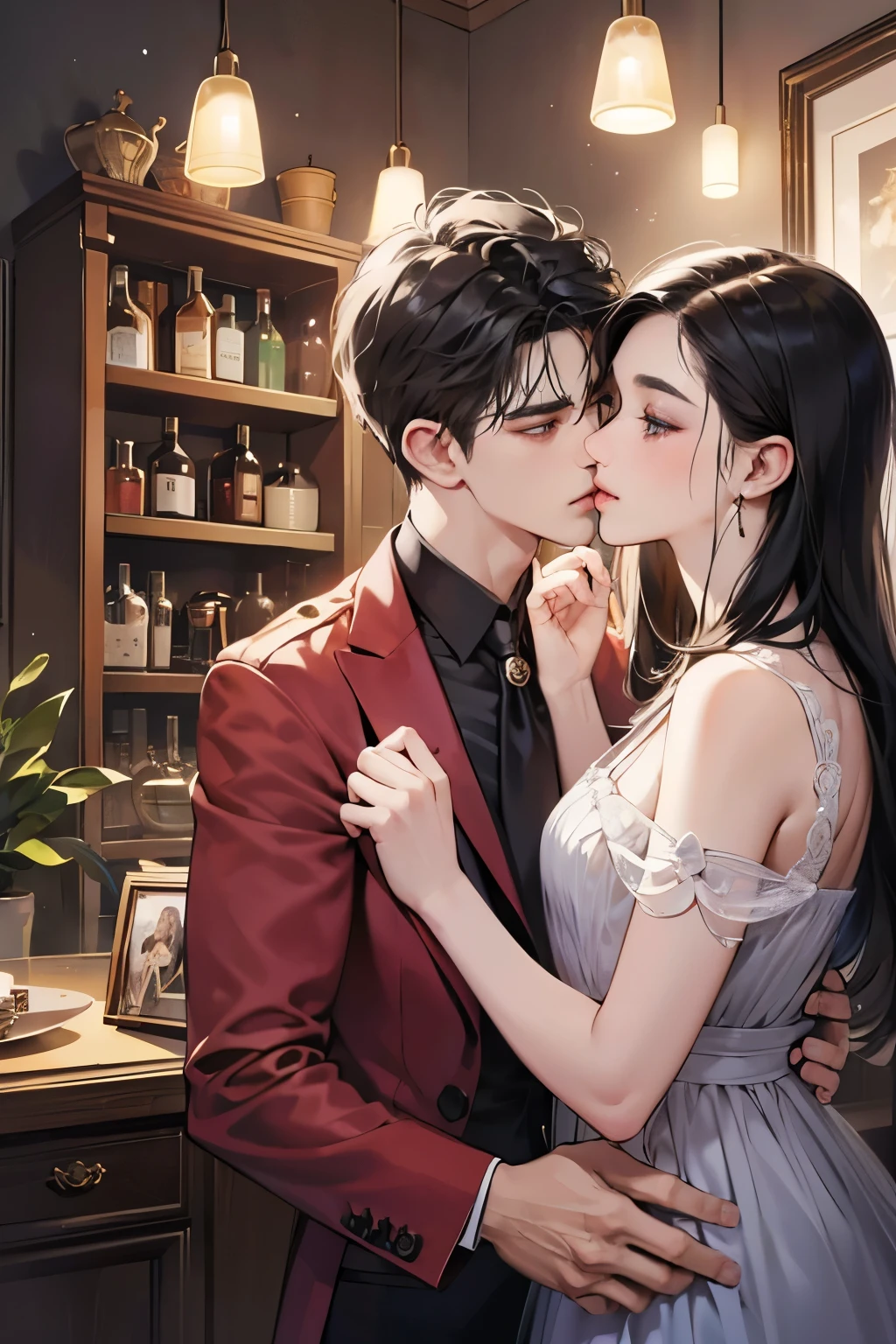 (table top, digital art, digital illustration, 4K, 8K, super detailed, beautiful images, clear image, realistic, RAW photo, perfect face, perfect lines, perfect eyes, soft lighting) 1 female, (long black hair,straight hair,Bullish gaze,beautiful woman,woman wearing a suit,solid makeup,23 year old female,small breasts:1.3),secretary, Two handsome men in suits, (human,Men in suits,muscular,Firm shoulder width,adult male,boyish hairstyle,british gentleman&#39;s style,A man in his 30s with a cool expression,28-year-old man with bright smile:1.2),Office scene at night,Antique furnishings,Antique Clamps,Antique chair,chandelier,party、couple、couplekiss、kiss、kissをしている、romance、