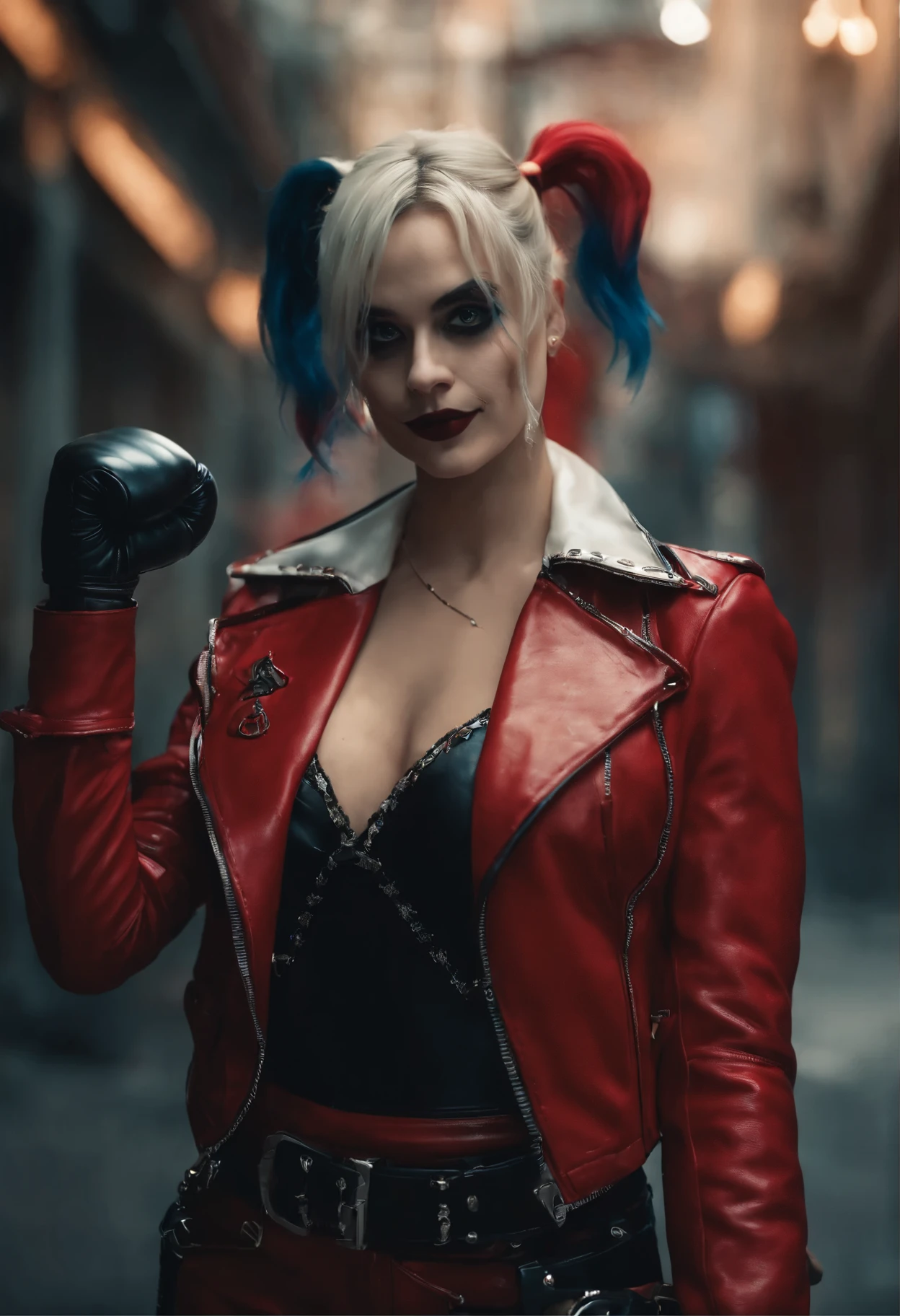 image of a woman in a red suit, holding a boxing glove, ayaka genshin impact, mika kurai demon, Official registration, She's ready to fight, portrait heroines anime, biomechanical tits, , Harley Quinn, портрет Harley Quinn, Colorful camera work, Scary 4K color graphics, artist Julie Bell Beeple, Artist Alessandro Pautasso., Harley Quinn, author Galen Dara, Martin Ten, artistic portrait of Martin Ten, Harley Quinn