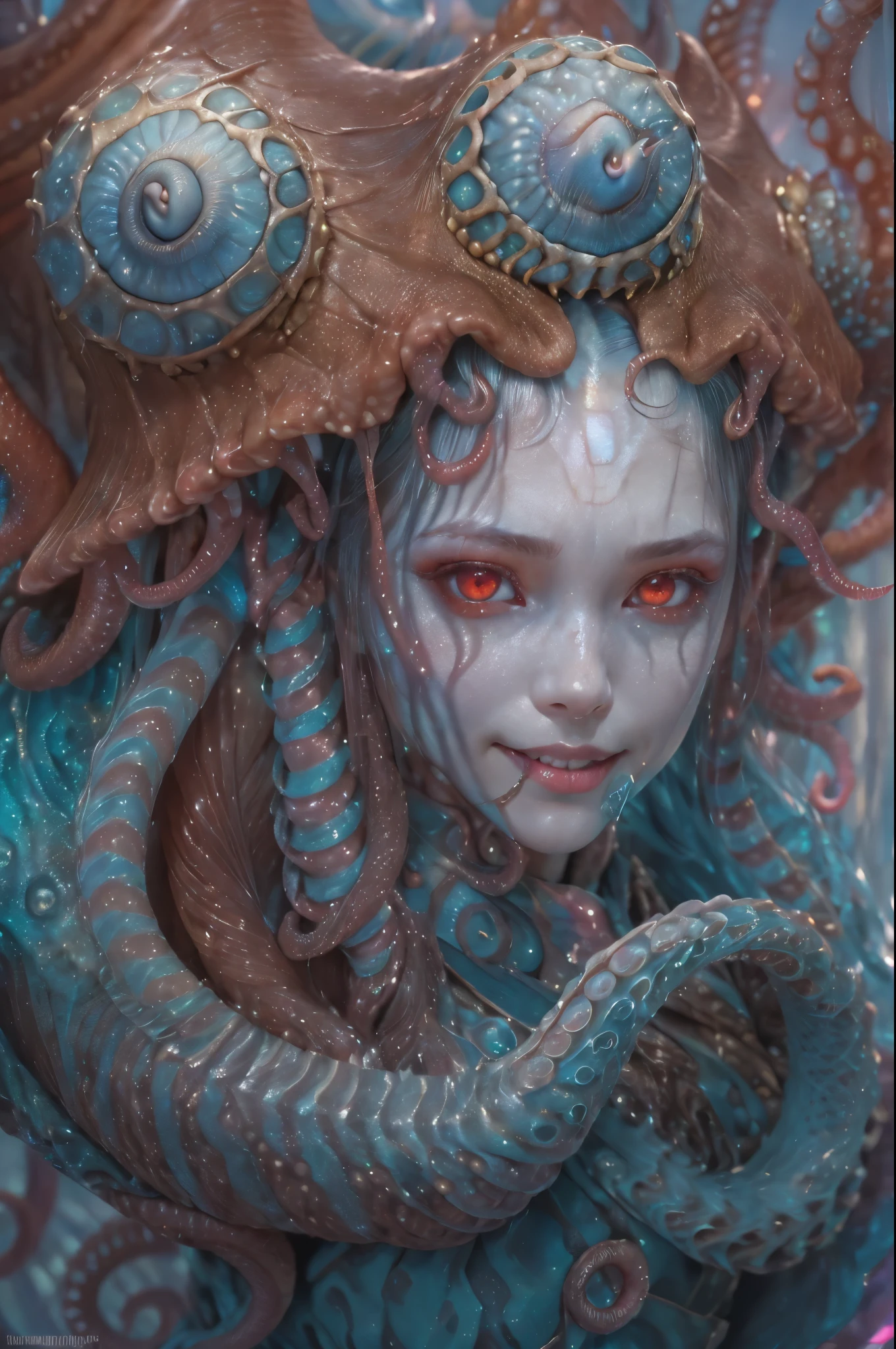 scary and sexy detailed art in color, Portrait, (beautiful and obscene female alien:1.4), (vulgarity1.5), (she has red eyes with no pupils:1.8), (Translucent skin:1.7),  ((There is a female genital-like organ in the middle of the forehead:1.9)), (The most beautiful face in the history of the universe:1.2),an evil gaze that seduces, (large mouth:1.1), (sharp teeth like a vampire:1.2), Full body portrait, (bio luminescent:1.5), (Smile wickedly:1.3),  (sexypose:1.5), incredibly beautiful alien, (she has unparalleled beauty:1.5),  No humans, cells are fused, (Lots of translucent tentacles:1.3) extraterrestrial, cell, bio image, best quality, 8K,In 4K_quality, High freshness, Dramatic Lighting, masutepiece:1.5,cinematic quality, detail up, (exquisite details:1.2), high resolution, High freshness, drawing faithfully, (Thick eyebrows:1.2), Beautiful eyes with fine symmetry,(Highly detailed face and eyes:1.2), Intimate face, (Super detailed skin quality feeling:1.4), perfect anatomy,  (Beautiful toned body:1.5),  (Moist skin:1.2), not wearing makeup, (dark circles:1.1), long canines, cinematic drawing of characters, ultra high quality model, cinematic quality, detail up, (exquisite details:1.2), high resolution, High freshness, drawing faithfully, official art, Unity 8K Wall  , 8K Portrait, best quality, Very high resolution, ultra detailed artistic photography, midnight aura,  unreal engine 5, Ultra Sharp Focus, art by Amano Yoshitaka, ArtGerm, Roisch, intricate artwork, best quality, masterpiece, ultra high resolution, (photos realistic:1.4), ultra realistic realism, dream-like, nautilus, Creation of fantasy, Snail, Dream Snail, (biopunk nautilus:1.3),Thrilling color schemes, ultra realistic realism, seductively smiling, (white tentacleswith blue stripes:1.4), subtle emerald accents, expression of ecstasy 