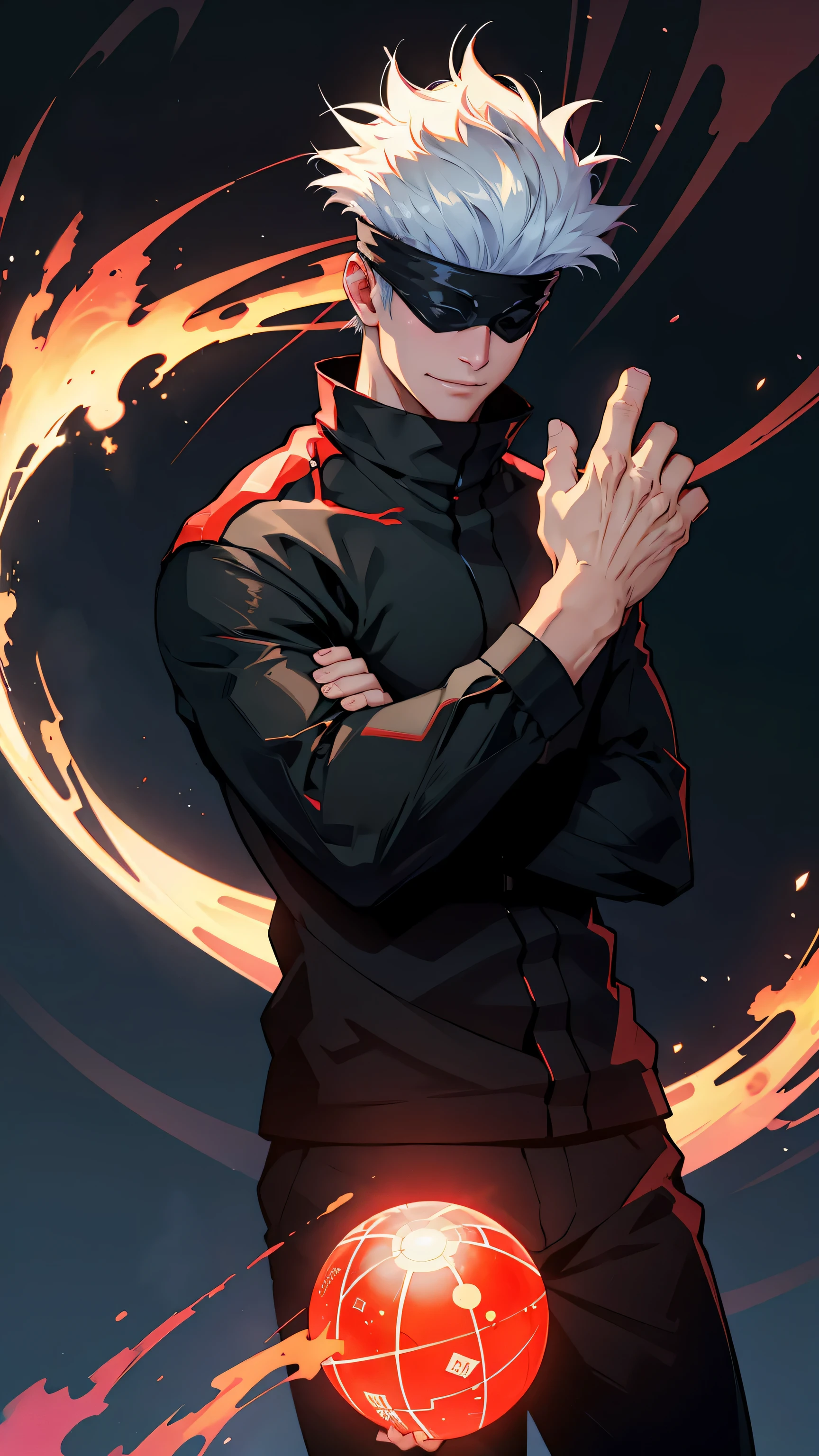 1boy, satoru gojo, blindfold, black outfit, white hair, standing, red cursed energy ball in right hand,blue cursed energy ball in left hand, smirk, red and blue energy background, wallpaper, cinematic,High resolution 8K, Bright light illumination, lens flare, sharpness, masterpiece, top-quality, The ultra -The high-definition, high resolution, extremely details CG, Anime style, Film Portrait Photography,