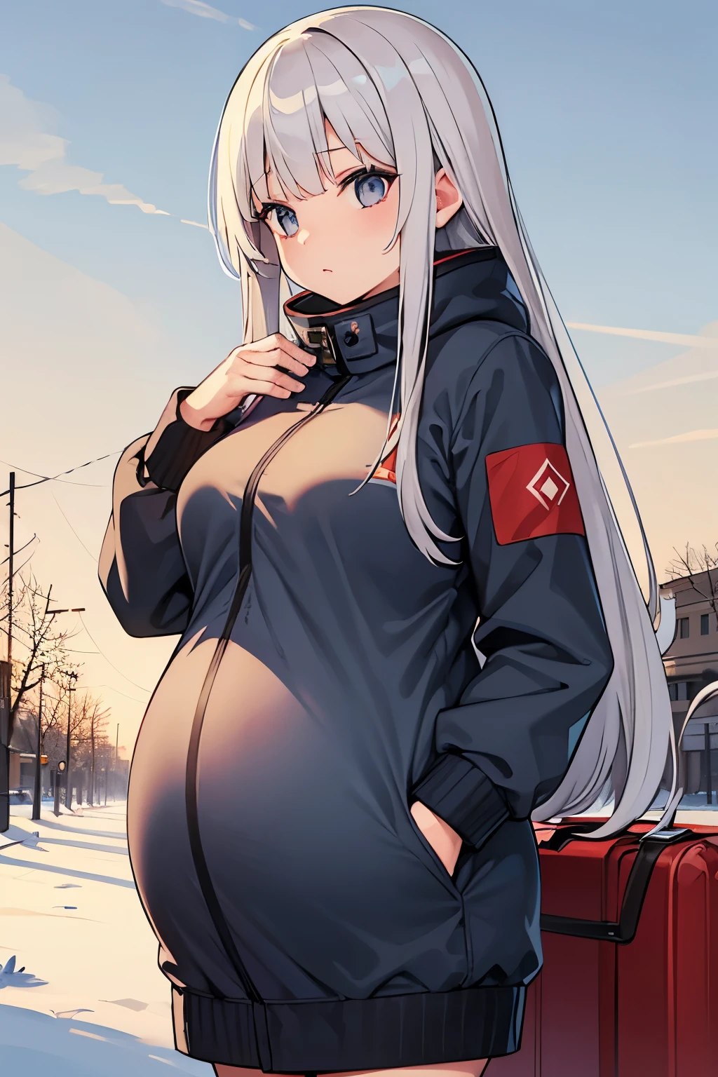 ung girl, long blonde hair, Russian young girl, Russian text, Cyrillic text, big pregnant, winter jacket, winter, at trimester pregnancy, at Moskow, facing at camera