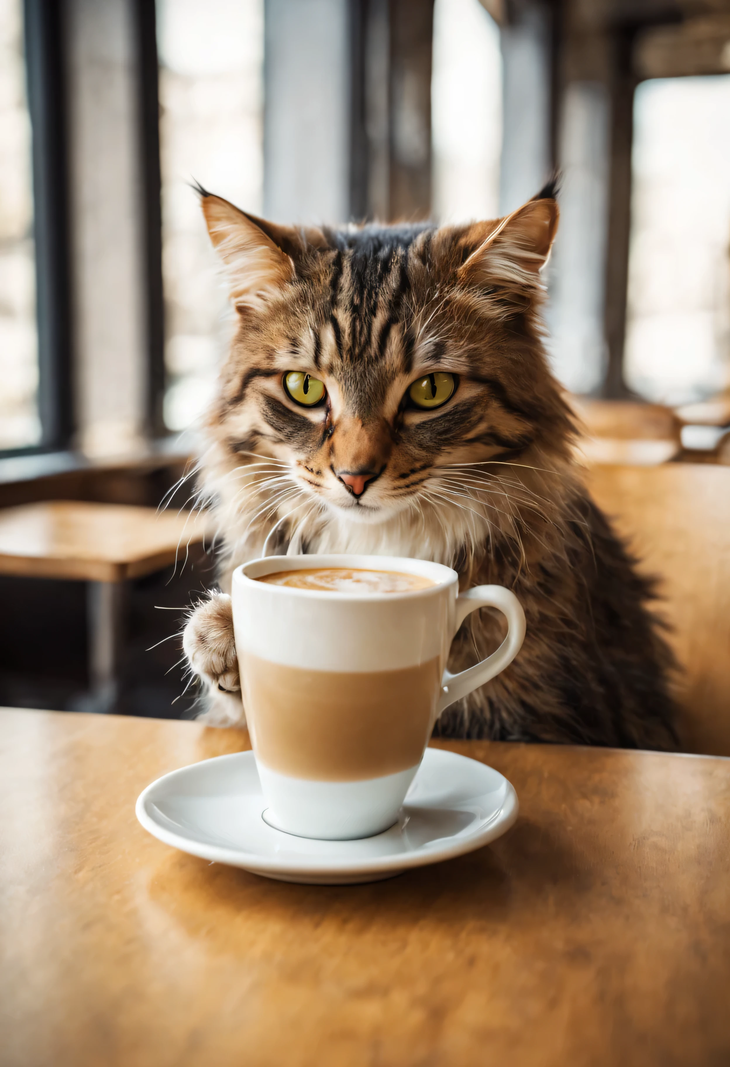 Cat drinking a cup of coffee, in a cafeteria, style photographie