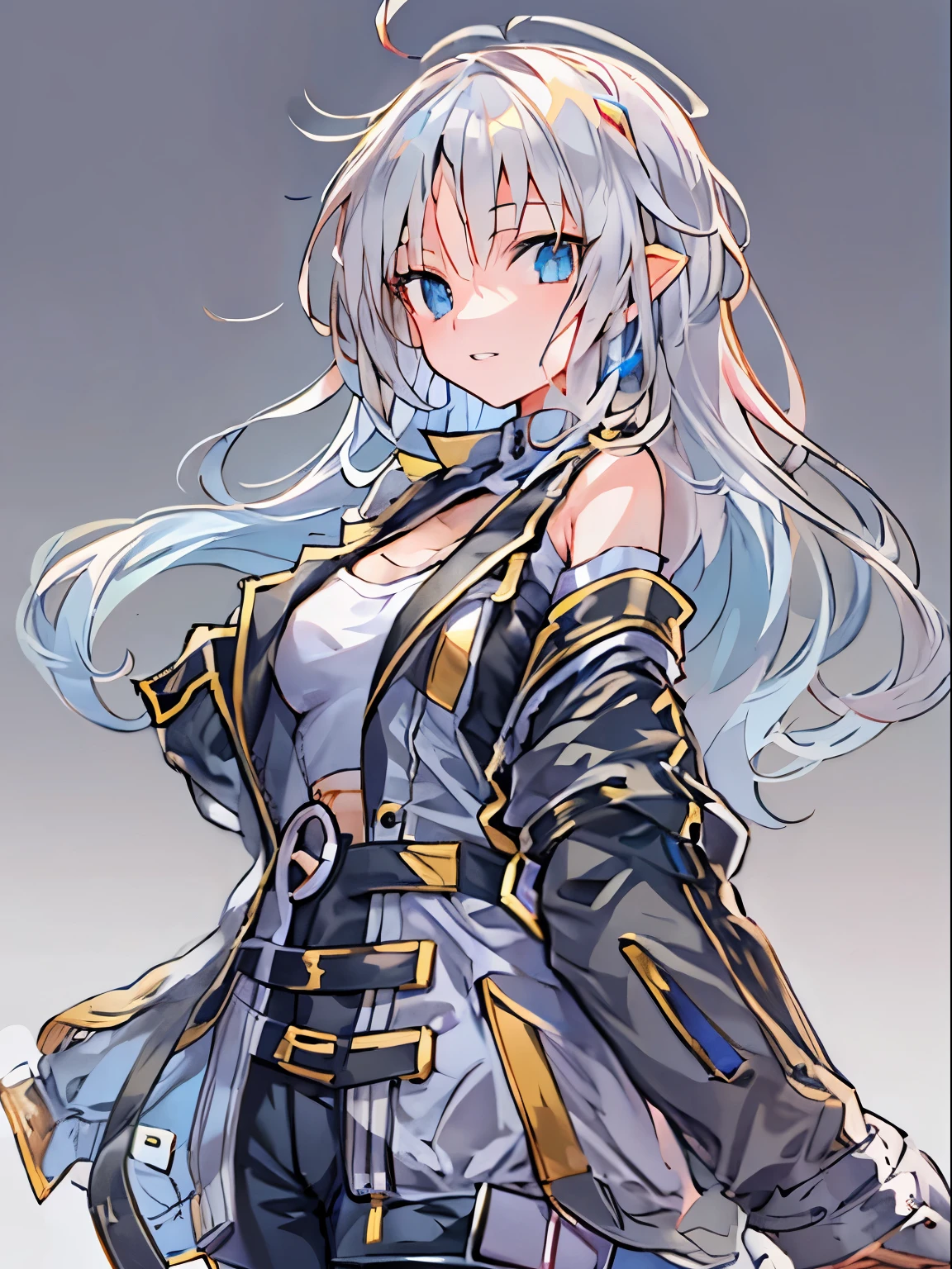 1girl, {alone}, Upper body ,{{ {looking for at viewer}}},{{{Golden pupil}}}, arm at side, concept art, white returnground, simple returnground, gray hair, Silver Gradient Hair , Goldeye,complex cloth, Asymmetrical clothing, Virtual YouTuber, highest quality, masterpiece, dynamic angle, disgaea style, disgaea style, disgaea style, From above, leaning forward, high ponytail, cowboy_shot, looking for_return, grab, girl,woman,woman, young,20-year-old, very long hair, flipped hair, silver hair, flowing hair, Ahoge, grin, beautiful and delicate golden eyes, teeth, Moderate_chest, blond eyes, grey Clothes, gray coat, white shirt, black pants, open jacket, black clothes,transparent_returnground, returnlighting, disorganized, High resolution, Super detailed,