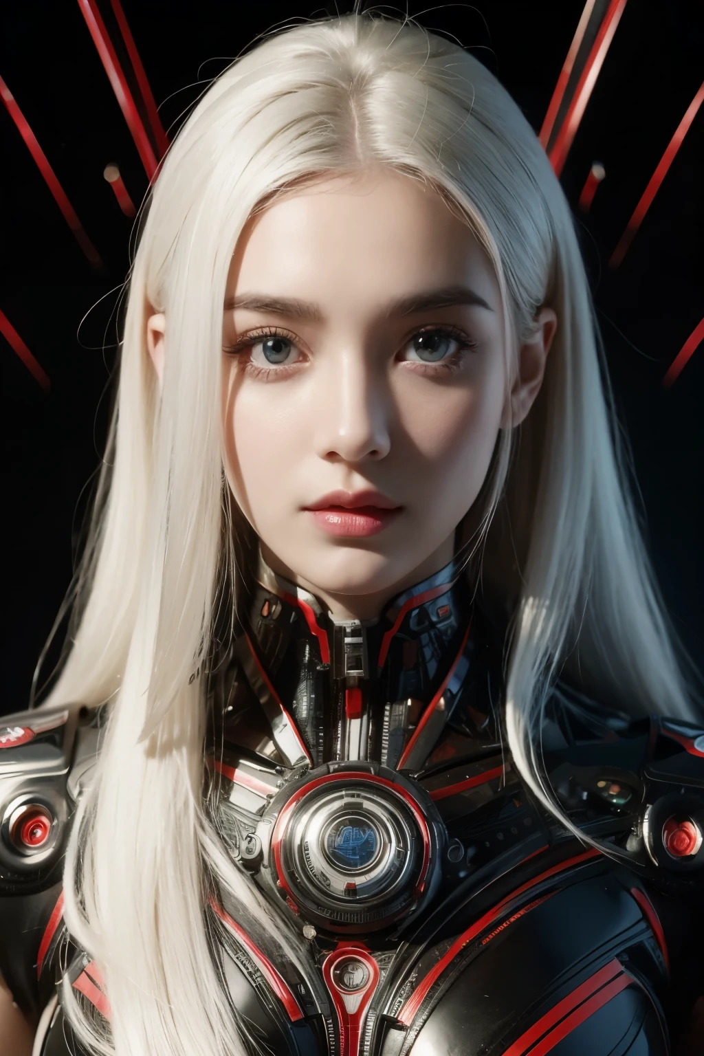 Portrait of a beautiful girl with wavy white hair, wearing a formal black dress with metal parts, red eyes, monograms in the background, digital painting, dark colors, 8k, complex details, vintage, retro futuristic style, sharp focus on the center, pastel colors, art station, (sci-fi, future, future theme), (facial expression looking with disdain), (detailed illustration)