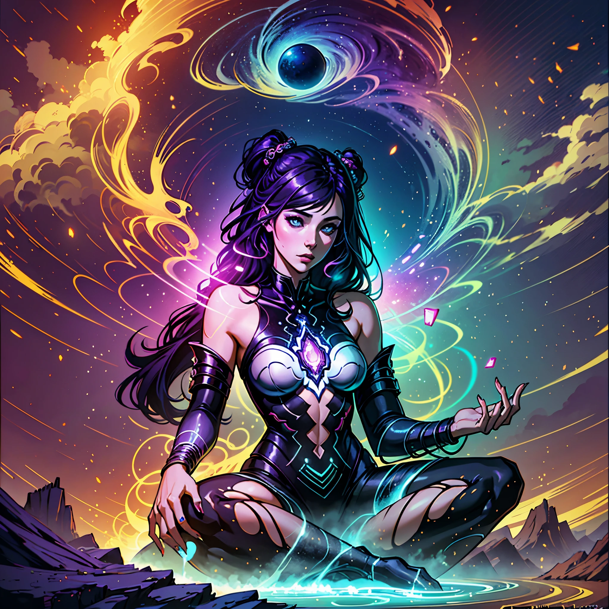 ((Best Quality, 8k, Masterpiece :1.3)) beautiful woman: 1.3, handsome face, kneeling, back, full body woman over 24 years old, saturated colors, psychedelic image, LSD, mandala, fractral, costume, tattoo, painted body, bride, body leaning forward, art similar to Alex Grey's art, lots of color saturation, woman, vortex, ultra realistic, planet earth,  galaxy, with lots of lighting, shading and contrast, RPG, mage