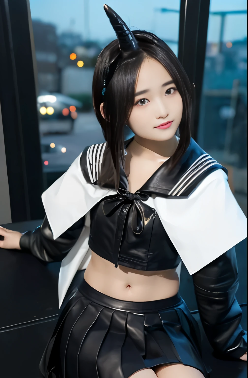 (masterpiece,top-quality,超A high resolution),A Japanese Lady, (((extremely beautyful girl))), Kawaii Girl、View photographer、Front view, ((Bob Hair)), hyper cute face, Glossy lips, Double eyelids in both eyes, Natural makeup, long eyelashes, shiny and smooth hair, central image, Perfect limbs, Perfect Anatomy,(((Black leather sailor suit、Black Leather Pleated Skirt、Navel))),(((Black Leather Knee High Boots))), (((A very cute -yeld subus)))、(((long)))、(((On the head4Devil's horn in the book)))、(((Black giant dragon wings))、(((nightcity))), Halloween, fancy dress, Shibuya, nsfw,