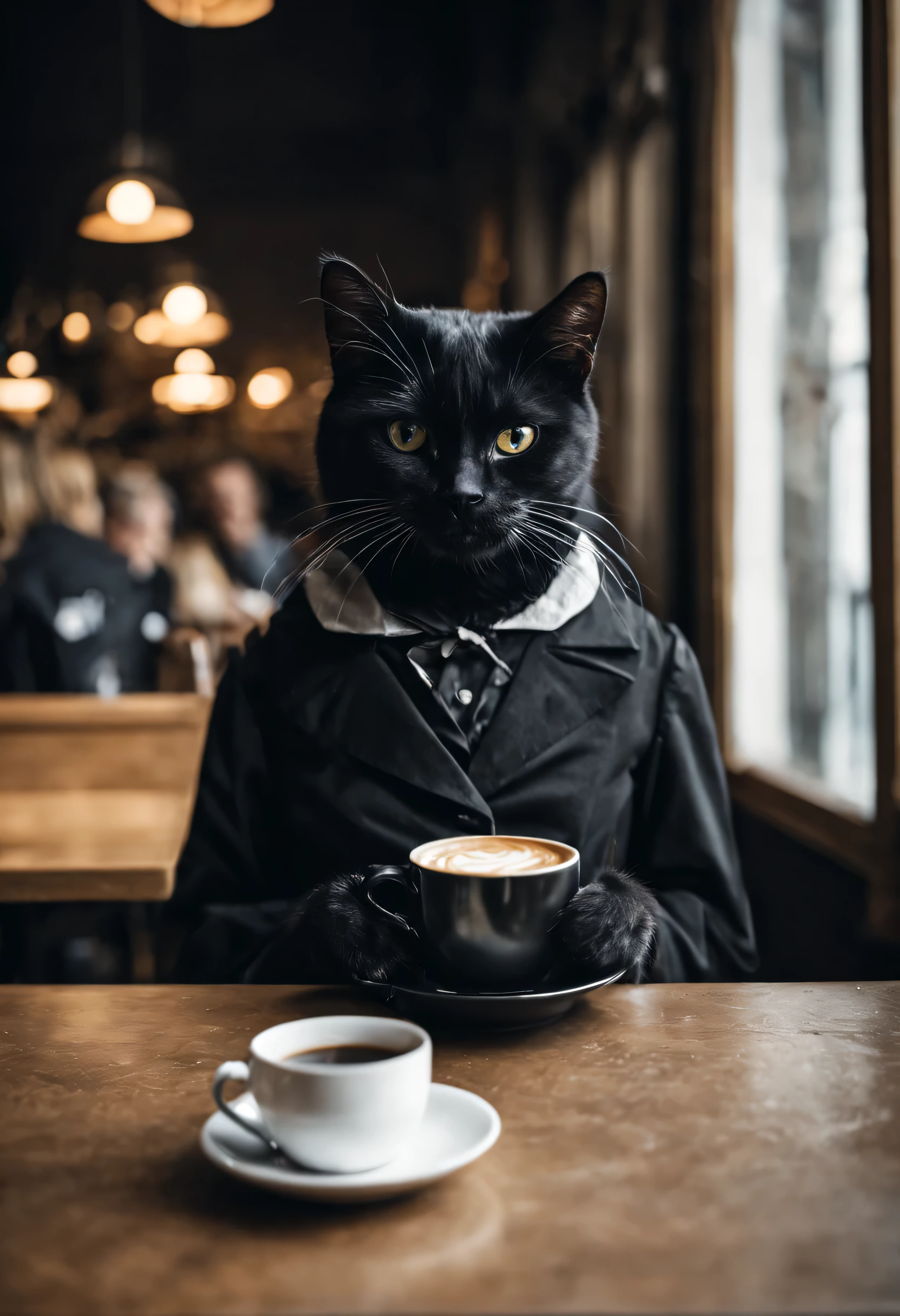 chat, habillé avec un costume noir, boit une tasse de café, dans une cafétéria, style photographie
