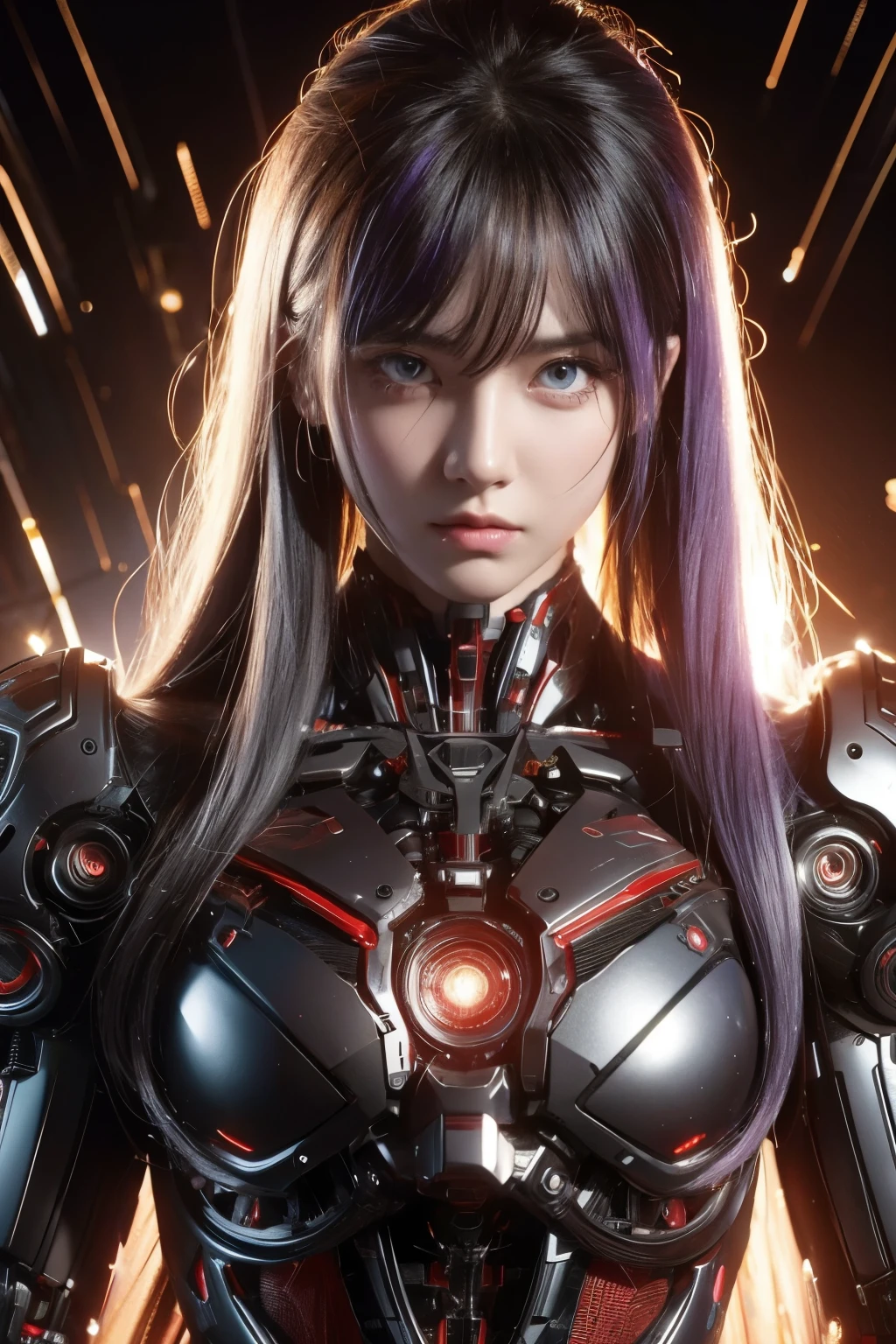 masterpiece, best quality, illustration, beautiful detailed eyes, colorful background, mechanical prosthesis, mecha coverage, emerging dark purple across with white hair, pig tails, disheveled hair, fluorescent purple, cool movement, rose red eyes, beatiful detailed cyberpunk city, multicolored hair, beautiful detailed glow, 1 girl, expressionless, cold expression, insanity, long bangs, long hair, lace, dynamic composition, motion, ultra - detailed, incredibly detailed, a lot of details, amazing fine details and brush strokes, smooth, hd semirealistic anime cg concept art digital painting, cyborg style,