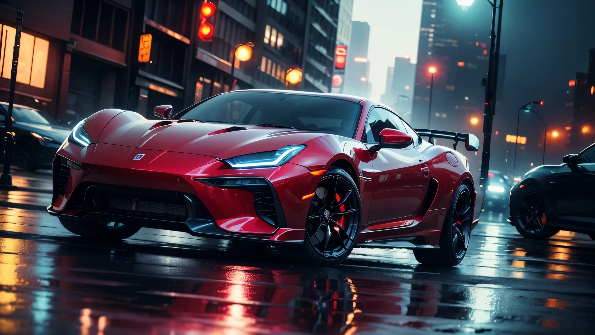 (highres,best quality:1.2),(realistic:1.37),(night),(city streets),(red sports car),(dramatic lighting),(fast-paced motion),(shiny exterior),(futuristic neon lights),(glowing headlights),(reflections on wet roads),(urban backdrop),(cool colors),(downtown atmosphere)