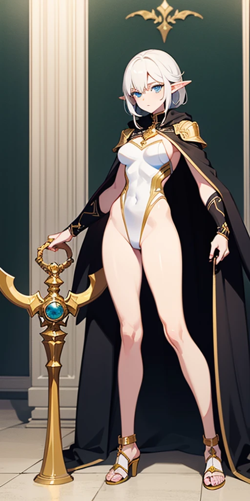 stunningly elf female, muscular sensual body, deep white hair, pale chaik white skin, blue eyes, golden metal sandals, black shackles on legs and arms, white leotard, green cloak, (standing full body looking to the camera), hands behind body, golden enchained legs, golden enchained arms
