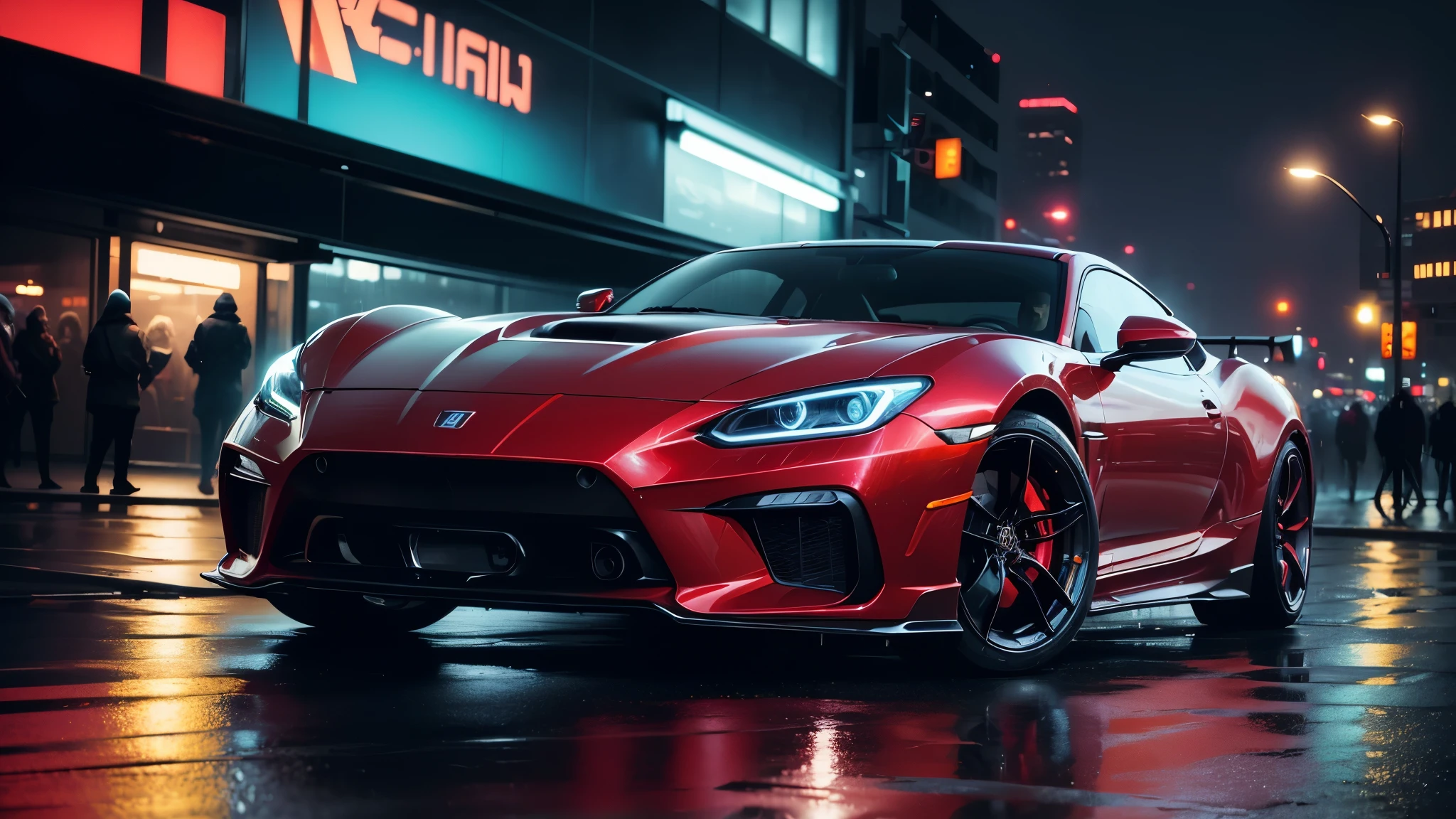 (highres,best quality:1.2),(realistic:1.37),(night),(city streets),(red sports car),(dramatic lighting),(fast-paced motion),(shiny exterior),(futuristic neon lights),(glowing headlights),(reflections on wet roads),(urban backdrop),(cool colors),(downtown atmosphere)