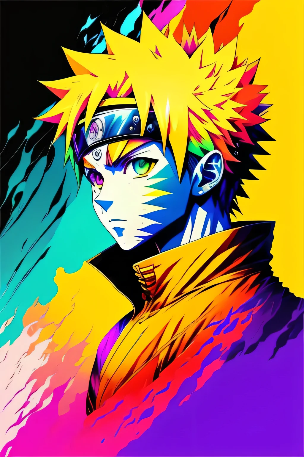 uma pintura colorida do Naruto Uzumaki em um fundo preto, Rainbow fusion color scheme, vida, imagem de avatar, fundo transparente, art vida, um retoque colorido, stunning rendering, vida e vida,