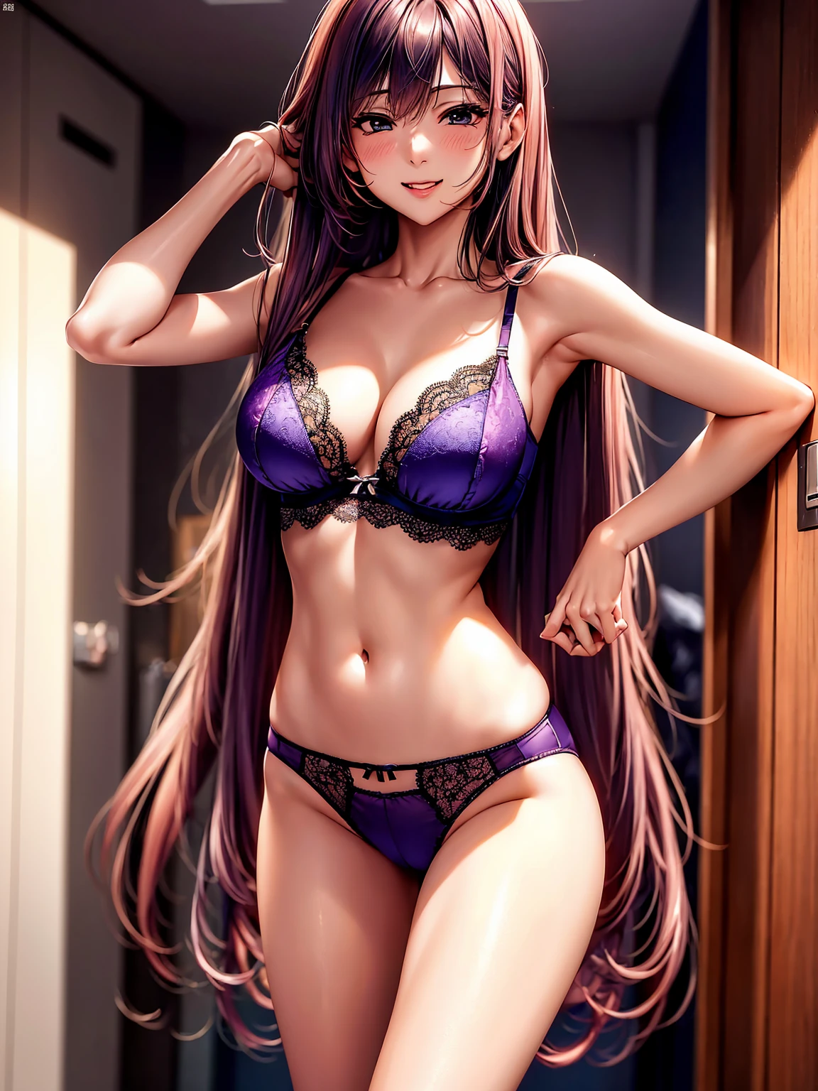 (highest quality、masterpiece、very high resolution、ultra high resolution,High-quality detail)、1 girl with perfect figure、she has a super beautiful face、medium long hair、(In underwear:red,blue,Purple,Wearing pink underwear 1.2)、(lace bra,lace panties,Underwear has colors and patterns)、locker room、I can see the cleavage、full body portrait、underwear models、Striking a pose while standing、has a bright smile、underwear appeal、(Accurate composition,accurate image,accurate limbs),