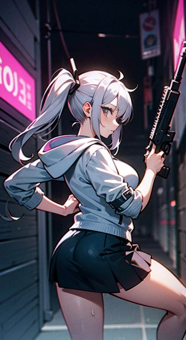 8K,Ultra Detail,ultra-quality,ultra precision,ultimate masterpiece,cool Girl(in combat),hoodie,short skirt,pose of shooting a rifle with right hands,twintail(silver and pink),located Cyber punk back alley,Theme of Cyber punk,view front,gun Action,Dynamic camera,