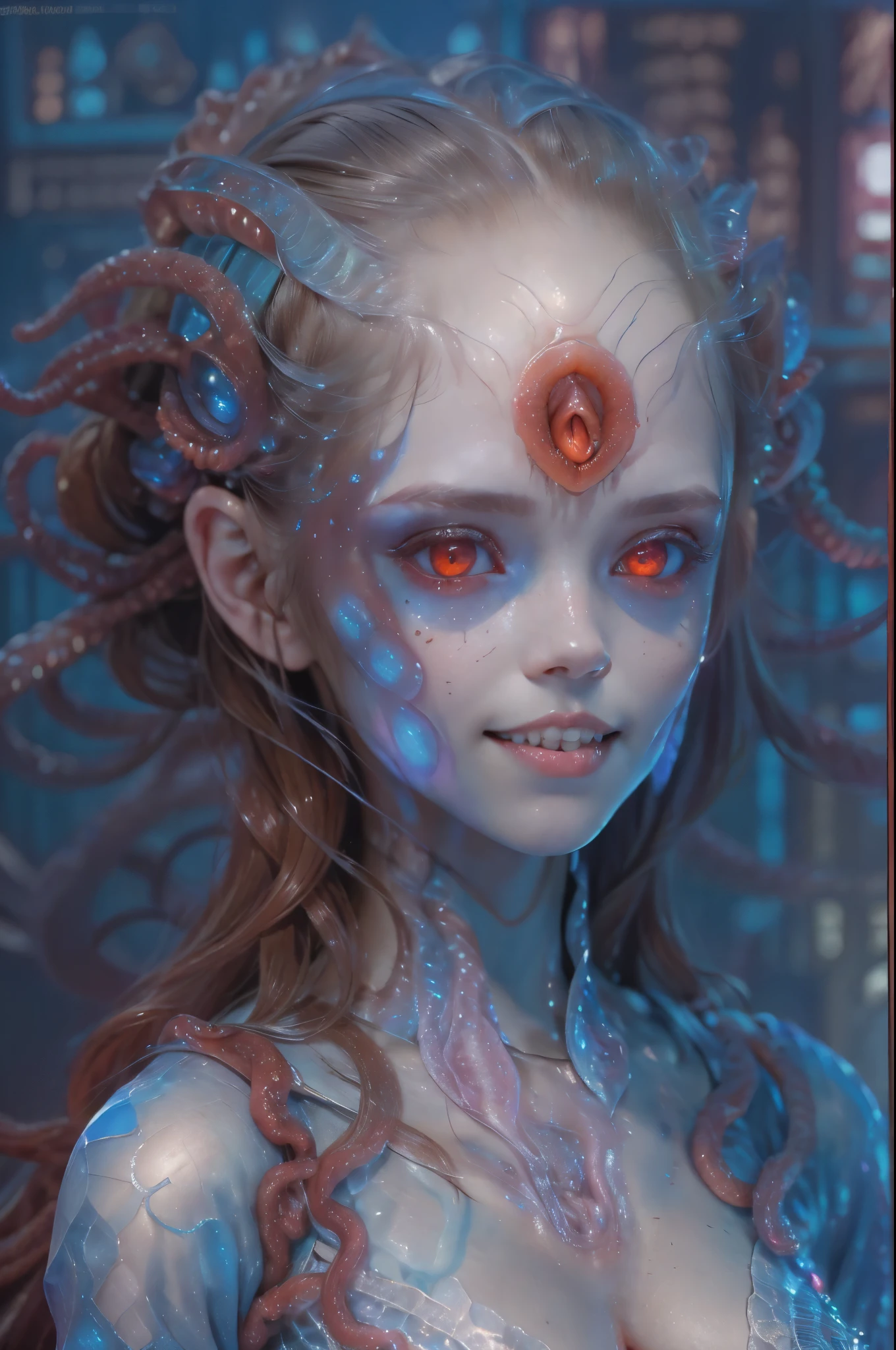 scary and sexy detailed art in color, Portrait, (beautiful and obscene female alien:1.4), (vulgarity1.5), (she has red eyes with no pupils:1.8), (Translucent skin:1.7),  ((There is a female genital-like organ in the middle of the forehead:1.9)), (The most beautiful face in the history of the universe:1.2),an evil gaze that seduces, (large mouth:1.1), (sharp teeth like a vampire:1.2), Full body portrait, (bio luminescent:1.5), (Smile wickedly:1.3),  (sexypose:1.5), incredibly beautiful alien, (she has unparalleled beauty:1.5),  No humans, cells are fused, (Lots of translucent tentacles:1.3) extraterrestrial, cell, bio image, best quality, 8K,In 4K_quality, High freshness, Dramatic Lighting, masutepiece:1.5,cinematic quality, detail up, (exquisite details:1.2), high resolution, High freshness, drawing faithfully, (Thick eyebrows:1.2), Beautiful eyes with fine symmetry,(Highly detailed face and eyes:1.2), Intimate face, (Super detailed skin quality feeling:1.4), perfect anatomy,  (Beautiful toned body:1.5),  (Moist skin:1.2), not wearing makeup, (dark circles:1.1), long canines, cinematic drawing of characters, ultra high quality model, cinematic quality, detail up, (exquisite details:1.2), high resolution, High freshness, drawing faithfully, official art, Unity 8K Wall  , 8K Portrait, best quality, Very high resolution, ultra detailed artistic photography, midnight aura,  unreal engine 5, Ultra Sharp Focus, art by Amano Yoshitaka, ArtGerm, Roisch, intricate artwork, best quality, masterpiece, ultra high resolution, (photos realistic:1.4), ultra realistic realism, dream-like, nautilus, Creation of fantasy, Snail, Dream Snail, (biopunk nautilus:1.3),Thrilling color schemes, ultra realistic realism, seductively smiling, (white and blue tentacles:1.4), subtle emerald accents, expression of ecstasy 