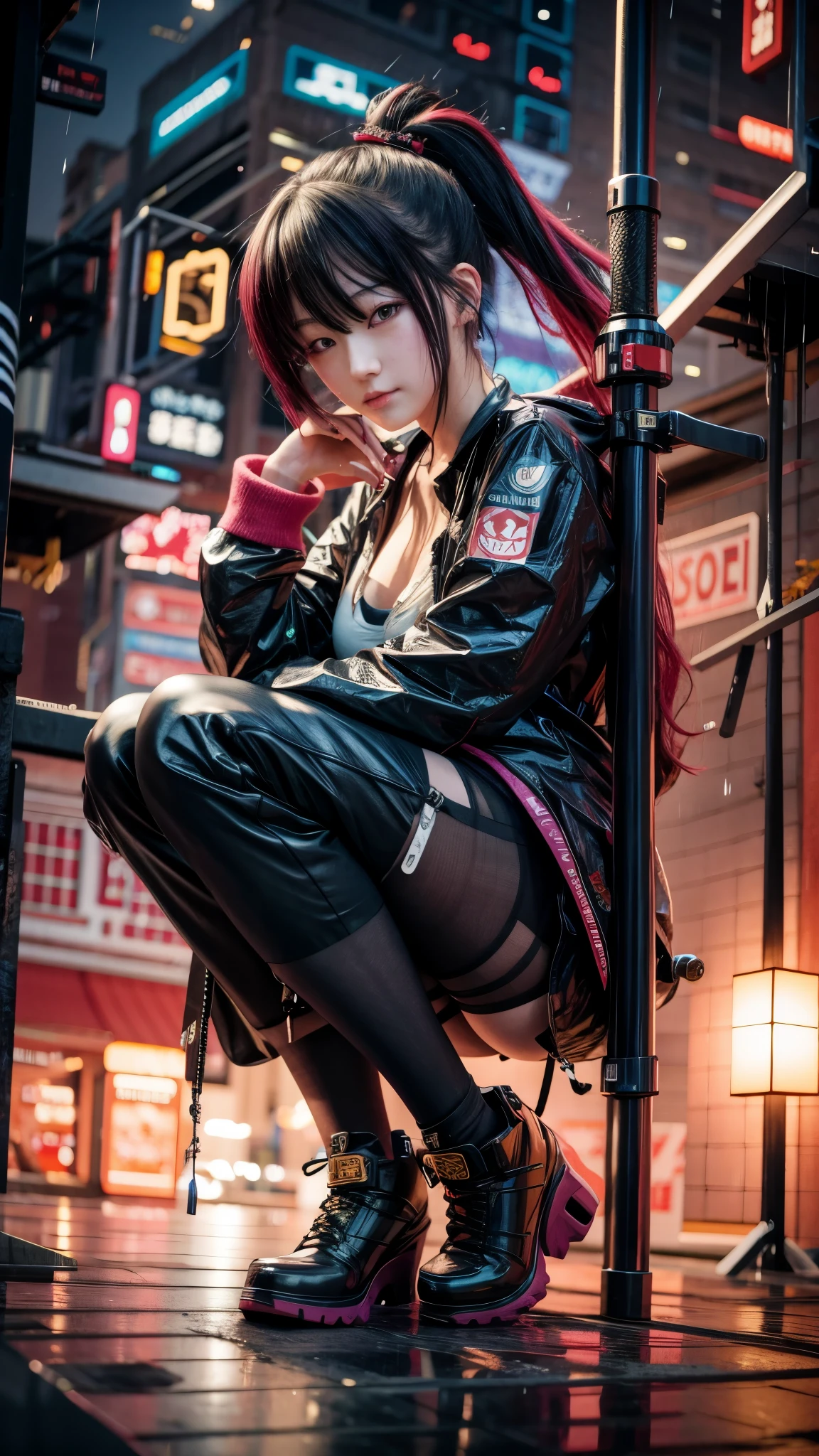 anime girl kneeling on a pole in the rain with a sword, cyberpunk anime girl, anime cyberpunk art, female cyberpunk anime girl, cyberpunk anime art, digital cyberpunk anime art, digital cyberpunk - anime art, by Yang J, extremely detailed artgerm, badass anime 8 k, modern cyberpunk anime, artwork in the style of guweiz, cyberpunk girl