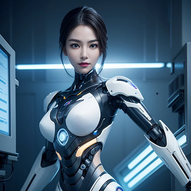 bio-mechanical style, Cyborg robot(female), beautiful robot assembled in a laboratory (future), hyper-realistic digital, fantastic, surreal, medium body shot, dynamic pose