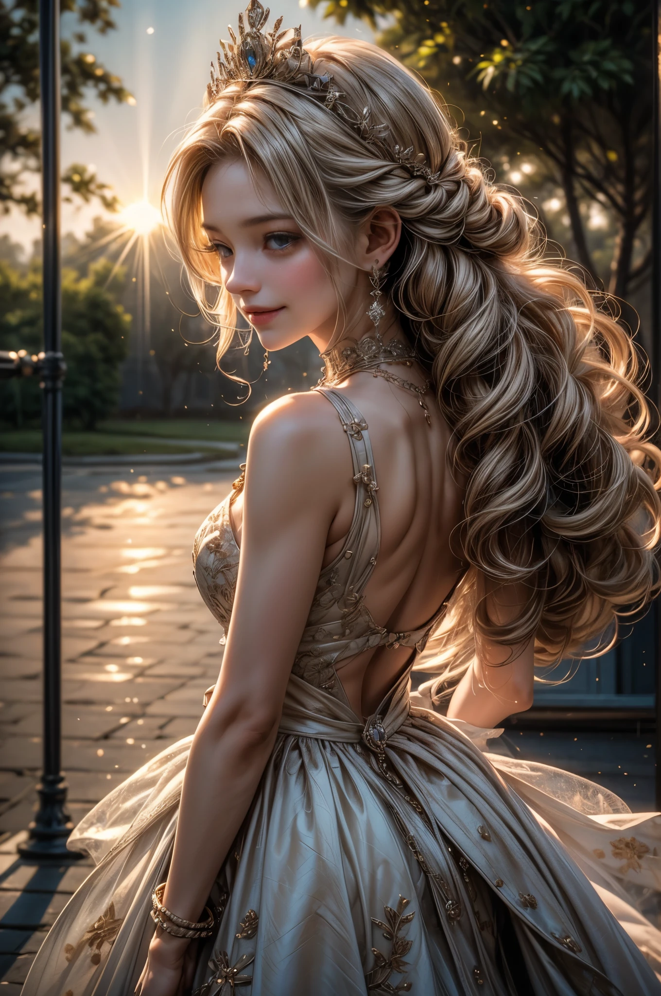 ((RAW shooting:1.5, realistic:1.5, 8K, highest quality, masterpiece, ultra high resolution)), Inside the luxurious British Royal Palace, professional camera work:1.3, Highly detailed skin and facial textures:1.3, glow light effect, Super detailed:1.3, cute 15 year old british princess, Fair skin, Glossy skin, (elegant:1.4, small face), Ultimate Cute Face:1.5, (cute eyes:0.9, looking far away), smile:1.0, (mouth is slightly open:0.4, Clean and refreshing taste:0.7), double eyelid, ((super long white blonde curly hair)), tiara, necklace and earrings, ((elegantで光沢のあるサテンのプリンセスドレスをオフショルダーで正しく着こなす方法)), big breasts, cowboy shot, ((sunrise, sunlight shining from behind:1.6, Strong sunlight spreads across the screen:1.6)), ((Strong sunlight shines on a woman:1.7))