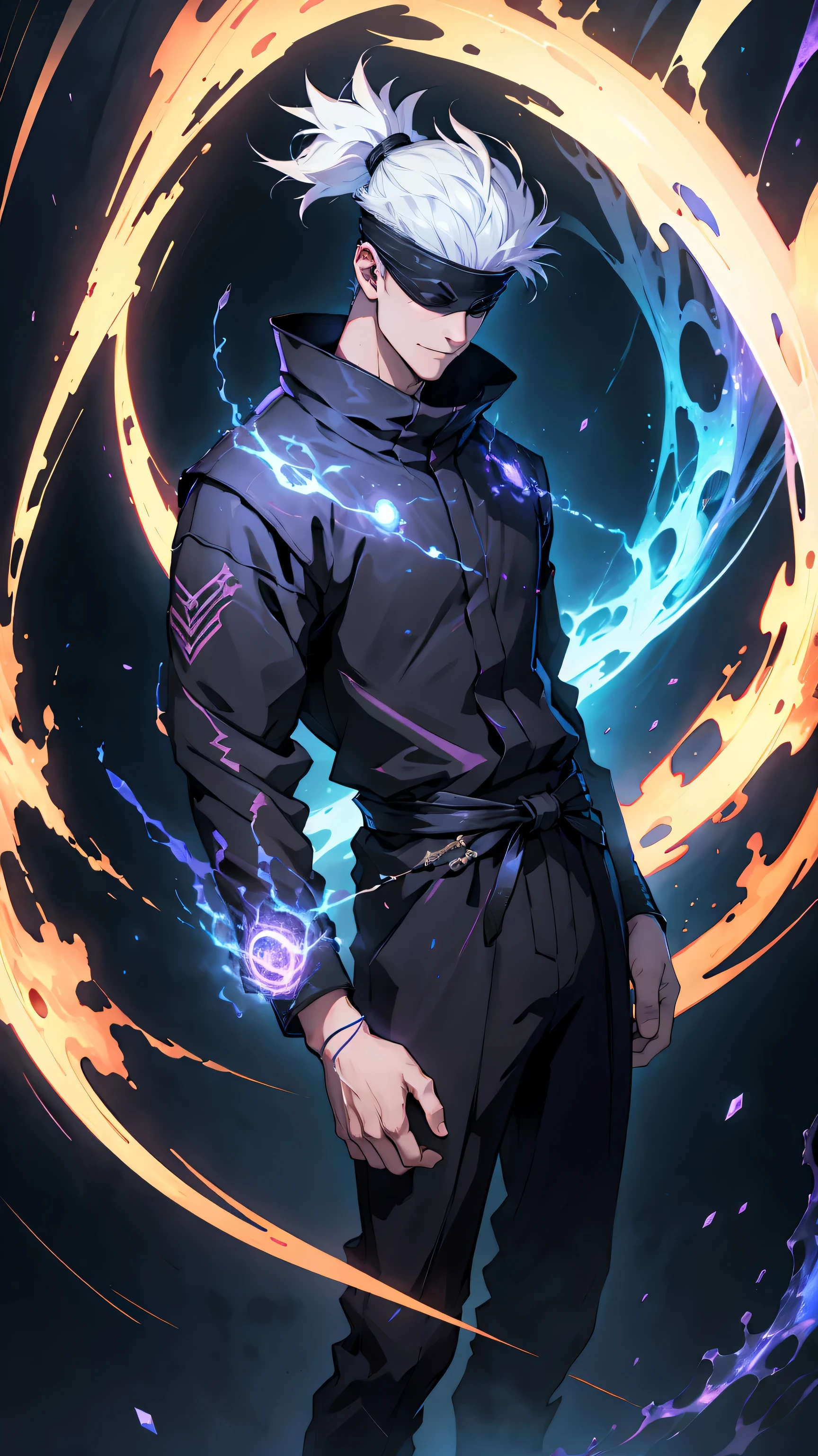 1boy, full body shot, satoru gojo, blindfold, black outfit, white hair, battle stand, red magic energy oid in right,blue magic energy void in left, smirk, red and blue aura background, wallpaper, cinematic,High resolution 8K, Bright light illumination, lens flare, sharpness, masterpiece, top-quality, The ultra -The high-definition, high resolution, extremely details CG, Anime style, Film Portrait Photography,