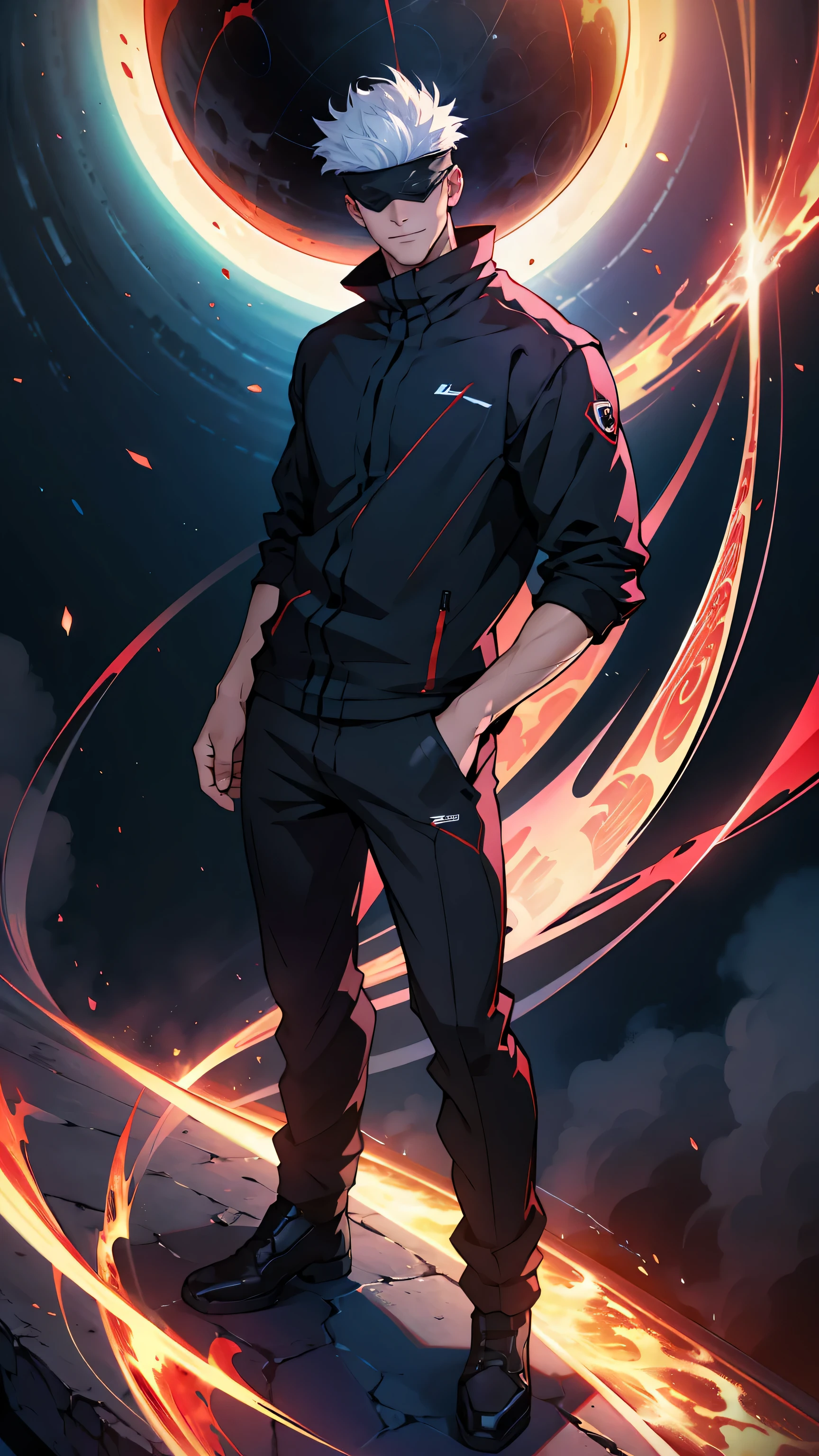 1boy, full body shot, satoru gojo, blindfold, black outfit, white hair, standing, red magic energy ball in right,blue magic energy ball in left, smirk, red and blue aura background, wallpaper, cinematic,High resolution 8K, Bright light illumination, lens flare, sharpness, masterpiece, top-quality, The ultra -The high-definition, high resolution, extremely details CG, Anime style, Film Portrait Photography,
