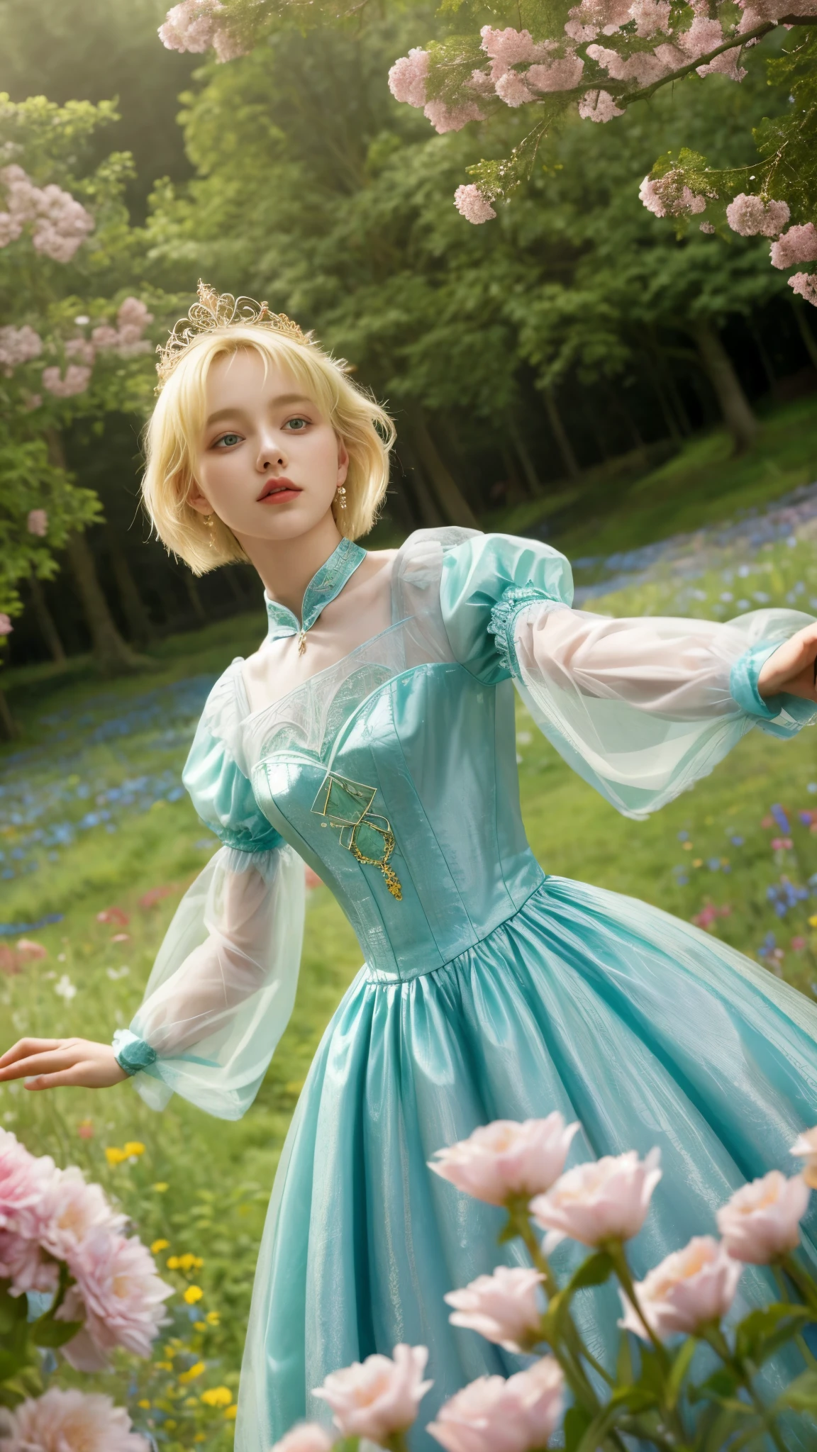 zrpgstyle, AS-YoungerV2 DollieNobodySD15 medieval princess teal dress, elaborate, ornate, adventurer cape, (blonde hair, top pony tail:1.1), standing in a tall field of flowers, tree canopy overhead (alpine mountains:1.1), clear sky, (masterpiece:1.3) (best quality) (detailed) (8k) (HDR) (cinematic lighting) (sharp focus) (intricate) (intense action scene, dutch angle, foreshortening, motion blur, blurred foreground:1.3)