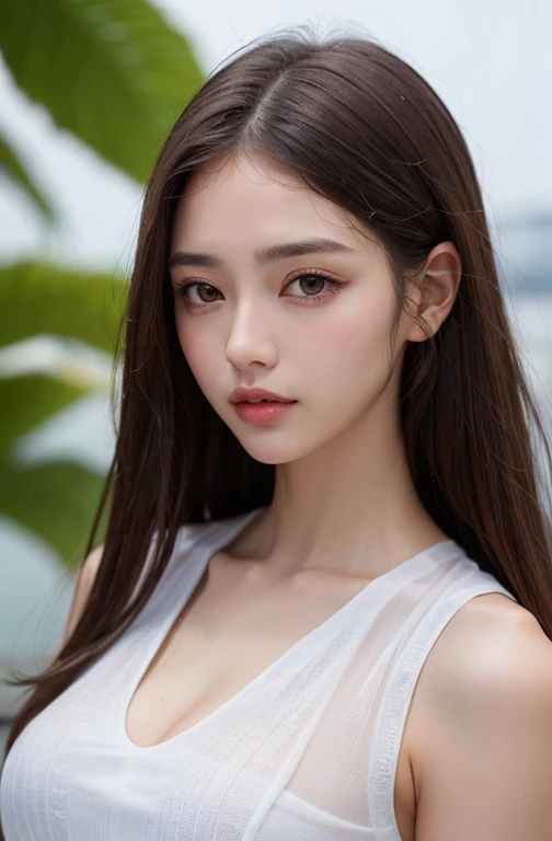 (best quality,4K,masterpiece:1.3),beautiful woman,2 girls,duo,Raised sexy:1.1,dark brown hair:1.1,(被雨水get wet,被雨水get wet,get wet:1.2),white vest,Super detailed face,Detailed lips,delicate eyes,double eyelids